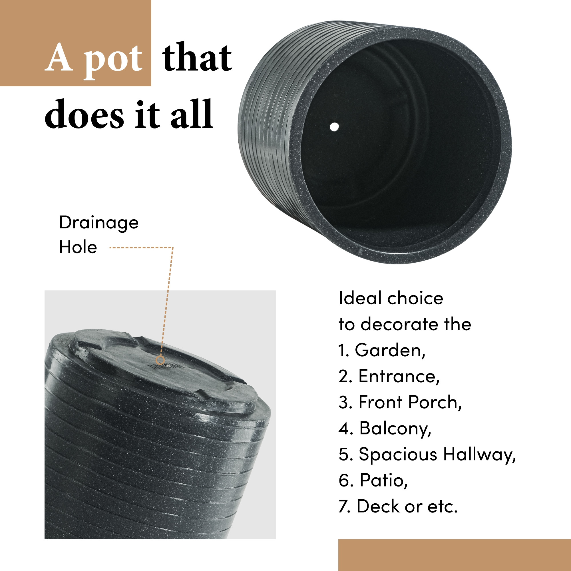 Rotomould 11 Inch Flower Pot  Round Large Planter with Drainage for Indoor Balcony Patio  Garden Plants  Rib Cubical - Grey