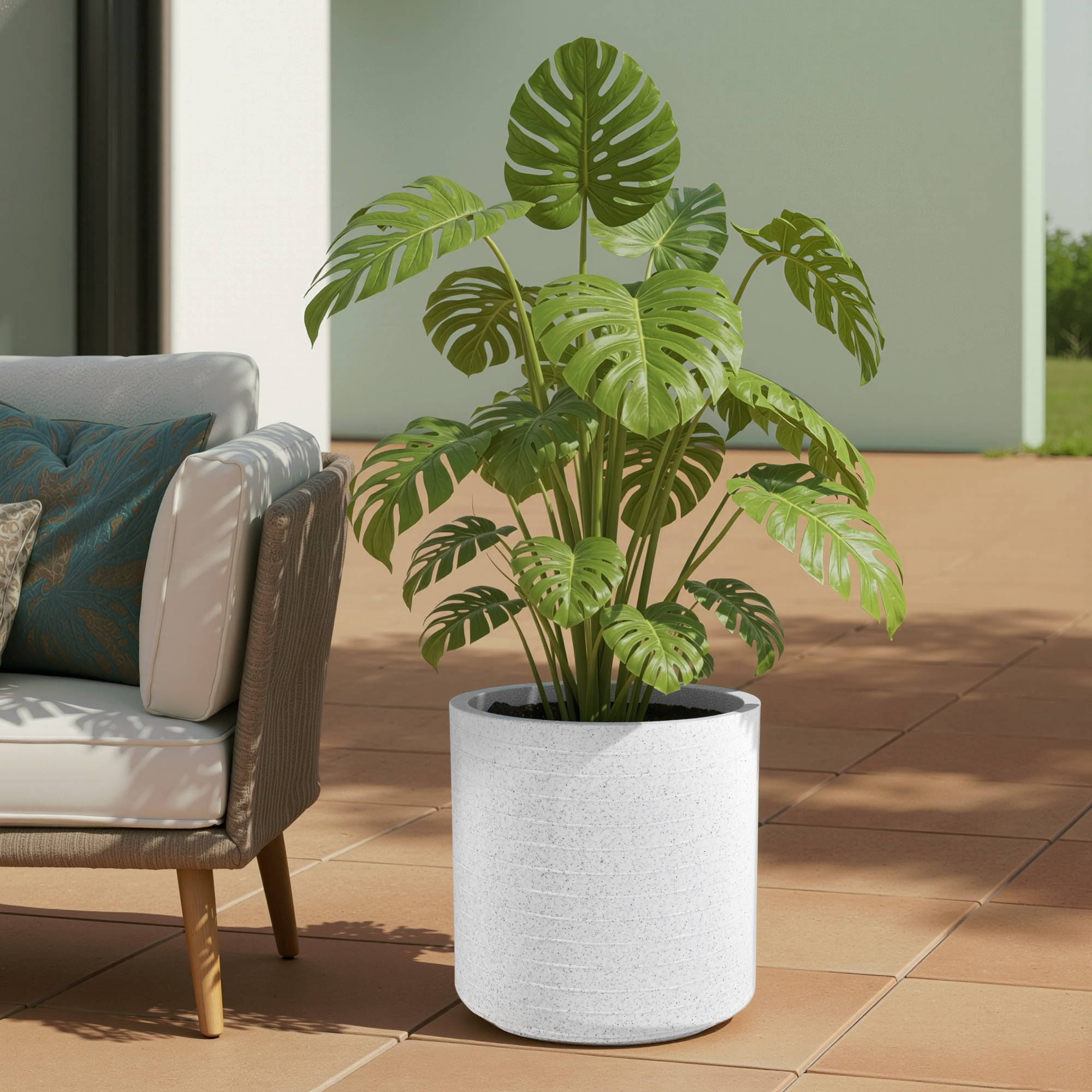 Rotomould 11 Inch Flower Pot  Round Large Planter with Drainage for Indoor Balcony Patio  Garden Plants  Rib Cubical -White