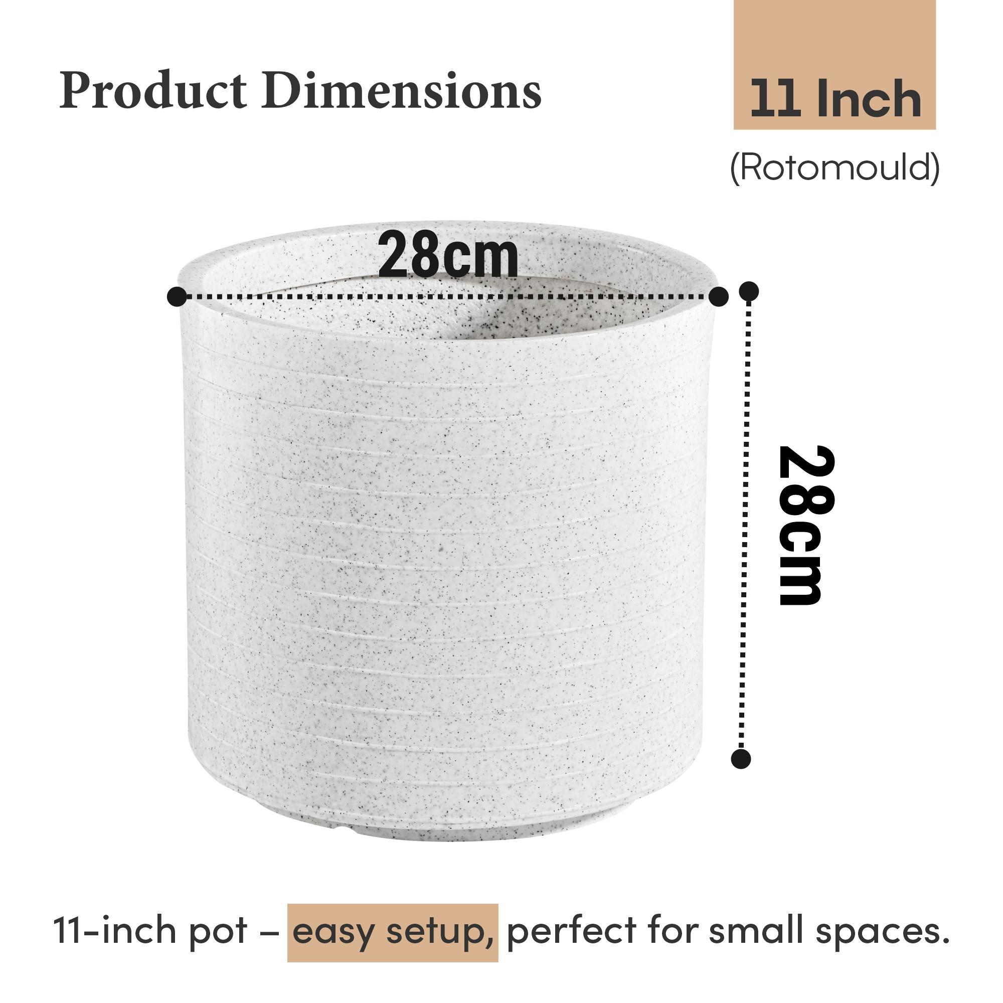Rotomould 11 Inch Flower Pot  Round Large Planter with Drainage for Indoor Balcony Patio  Garden Plants  Rib Cubical -White