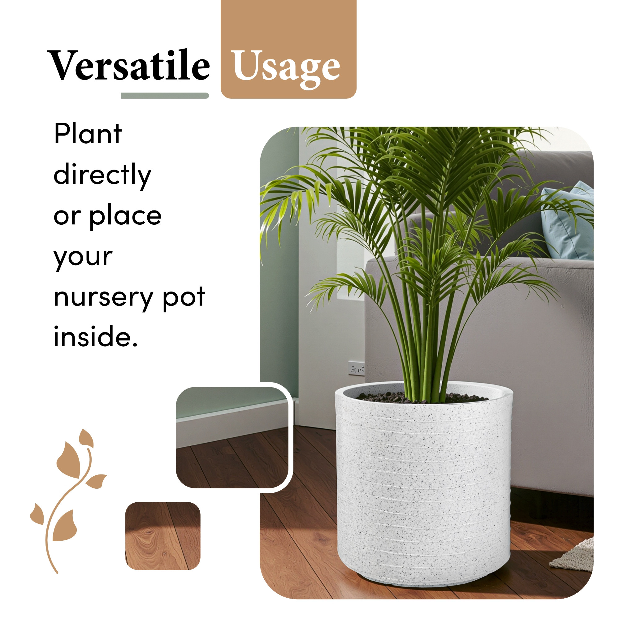 Rotomould 11 Inch Flower Pot  Round Large Planter with Drainage for Indoor Balcony Patio  Garden Plants  Rib Cubical -White