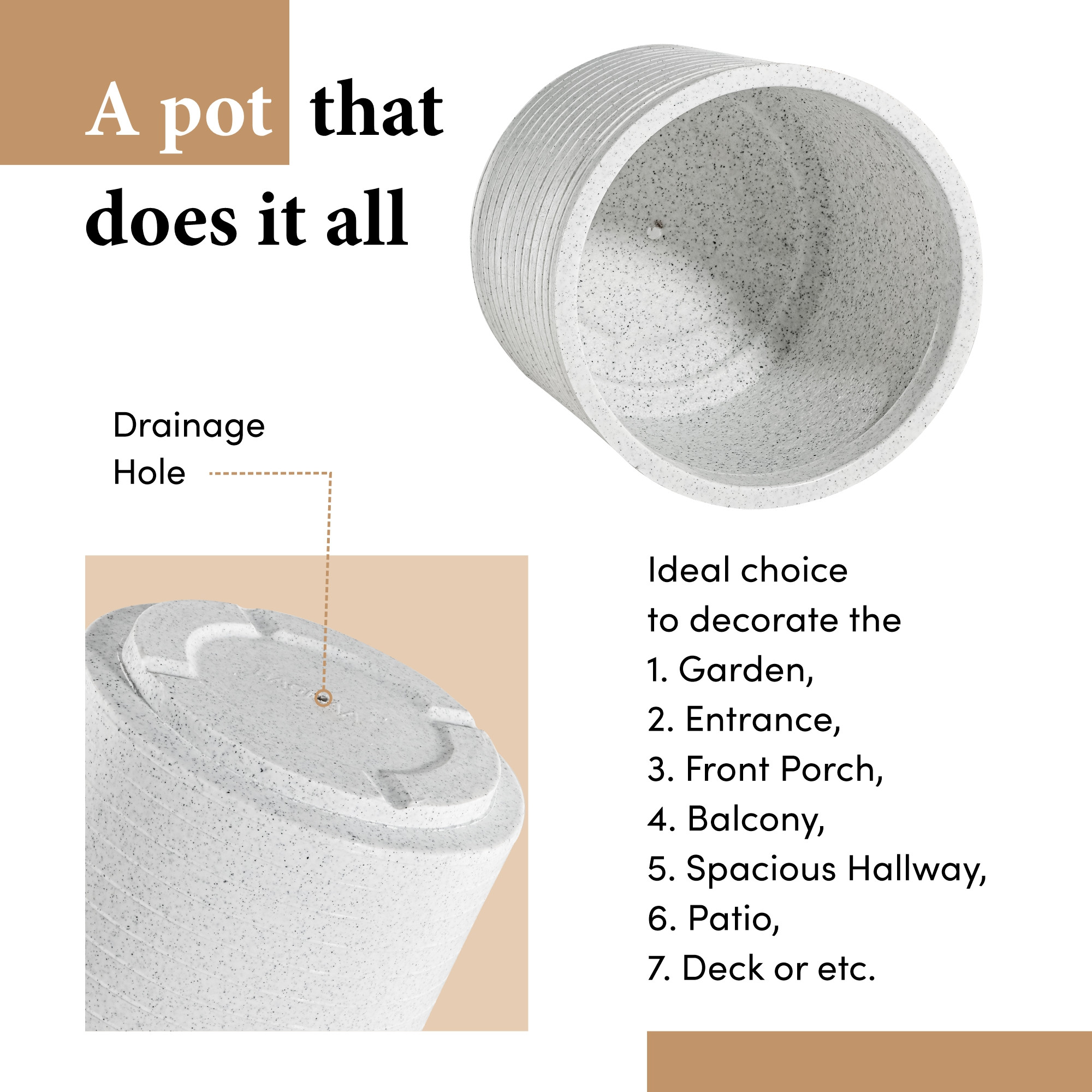 Rotomould 11 Inch Flower Pot  Round Large Planter with Drainage for Indoor Balcony Patio  Garden Plants  Rib Cubical -White