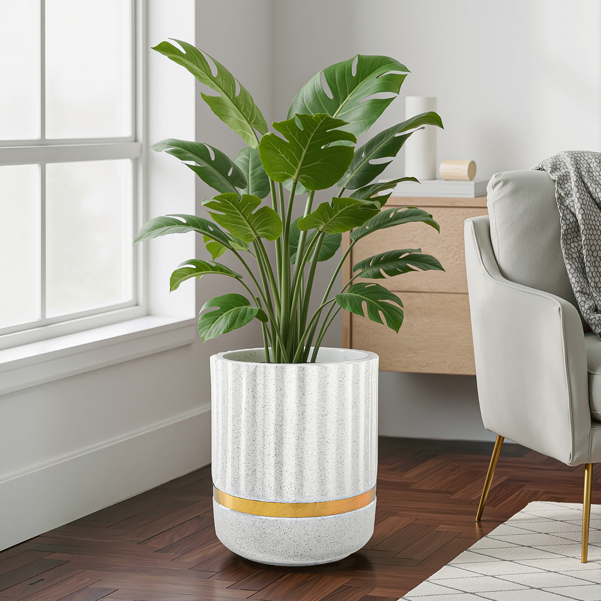 Rotomould 14 Inch Large Planter Pot with Drainage Hole  Round Gold Band Outdoor Indoor Flower Pot for Balcony Garden  Royale Pillar - White