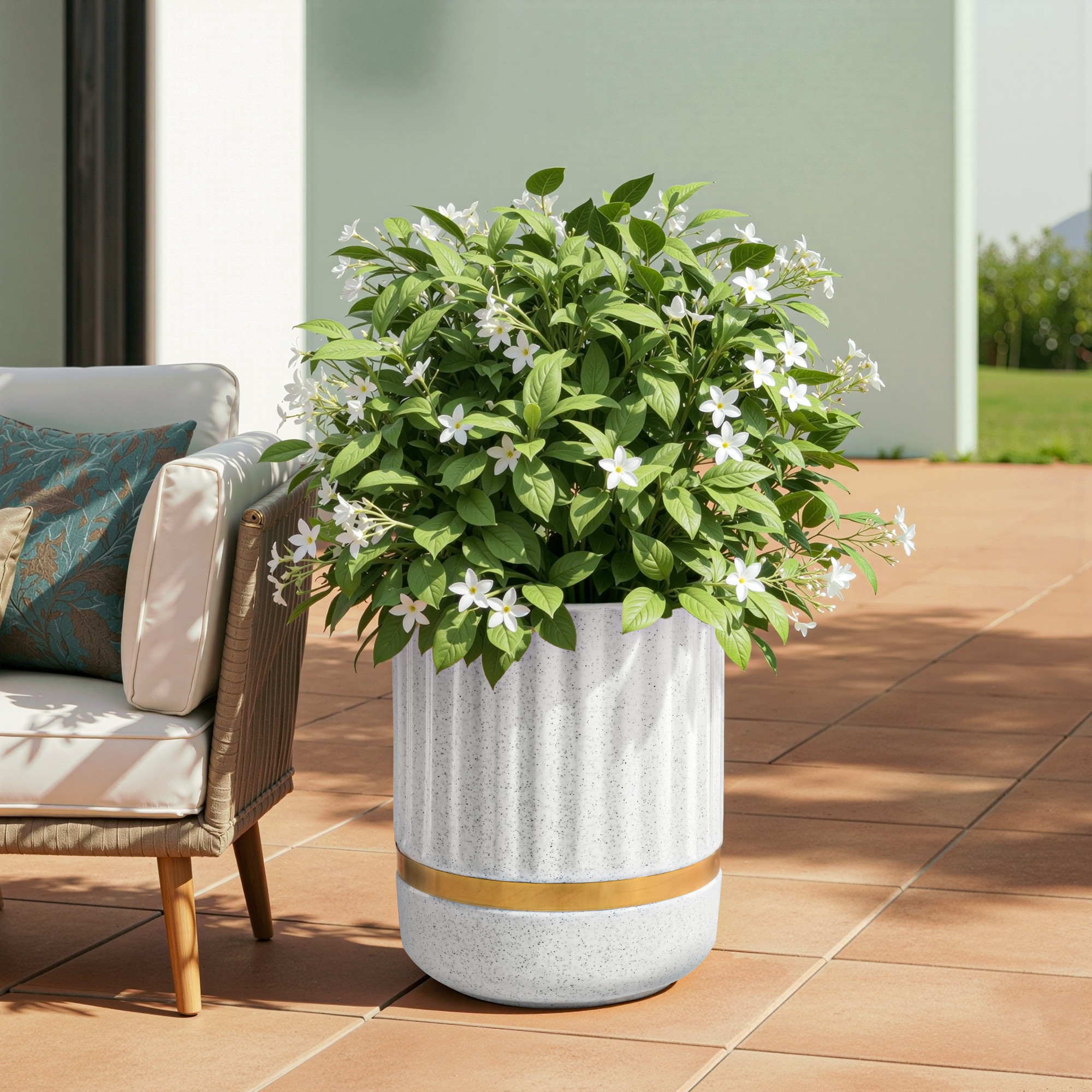 Rotomould 14 Inch Large Planter Pot with Drainage Hole  Round Gold Band Outdoor Indoor Flower Pot for Balcony Garden  Royale Pillar - White
