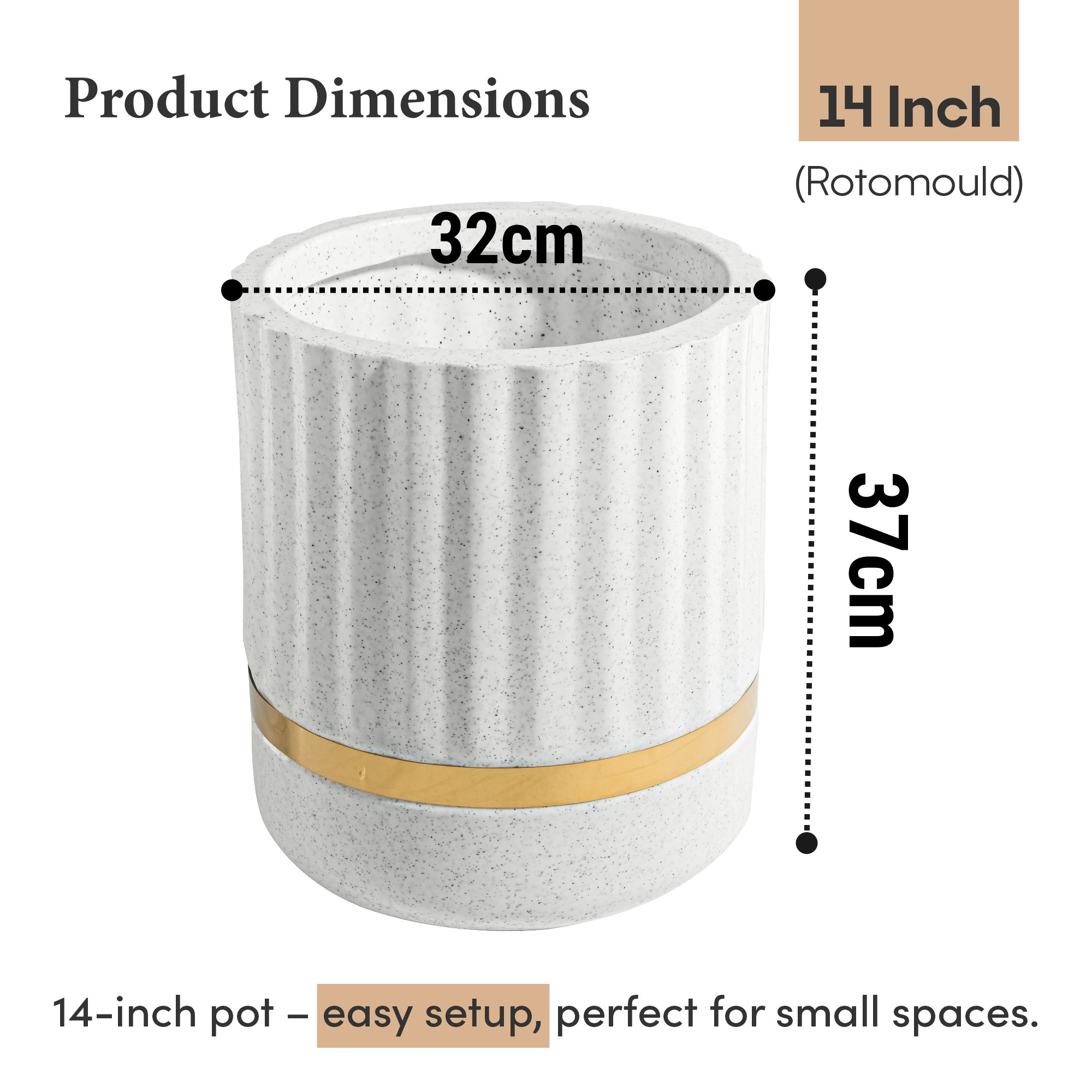 Rotomould 14 Inch Large Planter Pot with Drainage Hole  Round Gold Band Outdoor Indoor Flower Pot for Balcony Garden  Royale Pillar - White