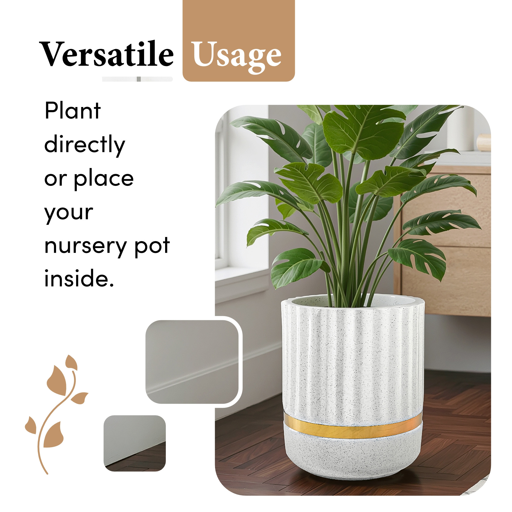 Rotomould 14 Inch Large Planter Pot with Drainage Hole  Round Gold Band Outdoor Indoor Flower Pot for Balcony Garden  Royale Pillar - White