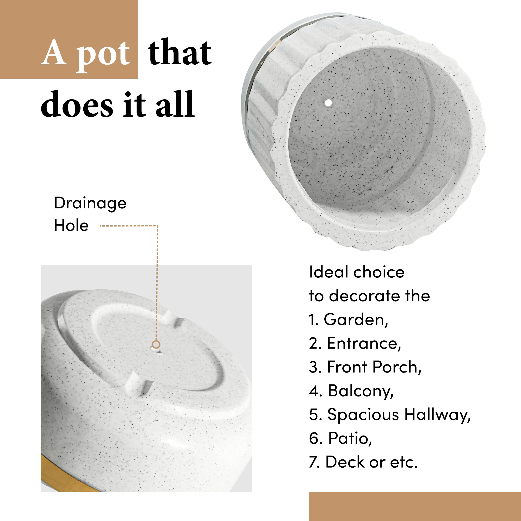 Rotomould 14 Inch Large Planter Pot with Drainage Hole  Round Gold Band Outdoor Indoor Flower Pot for Balcony Garden  Royale Pillar - White