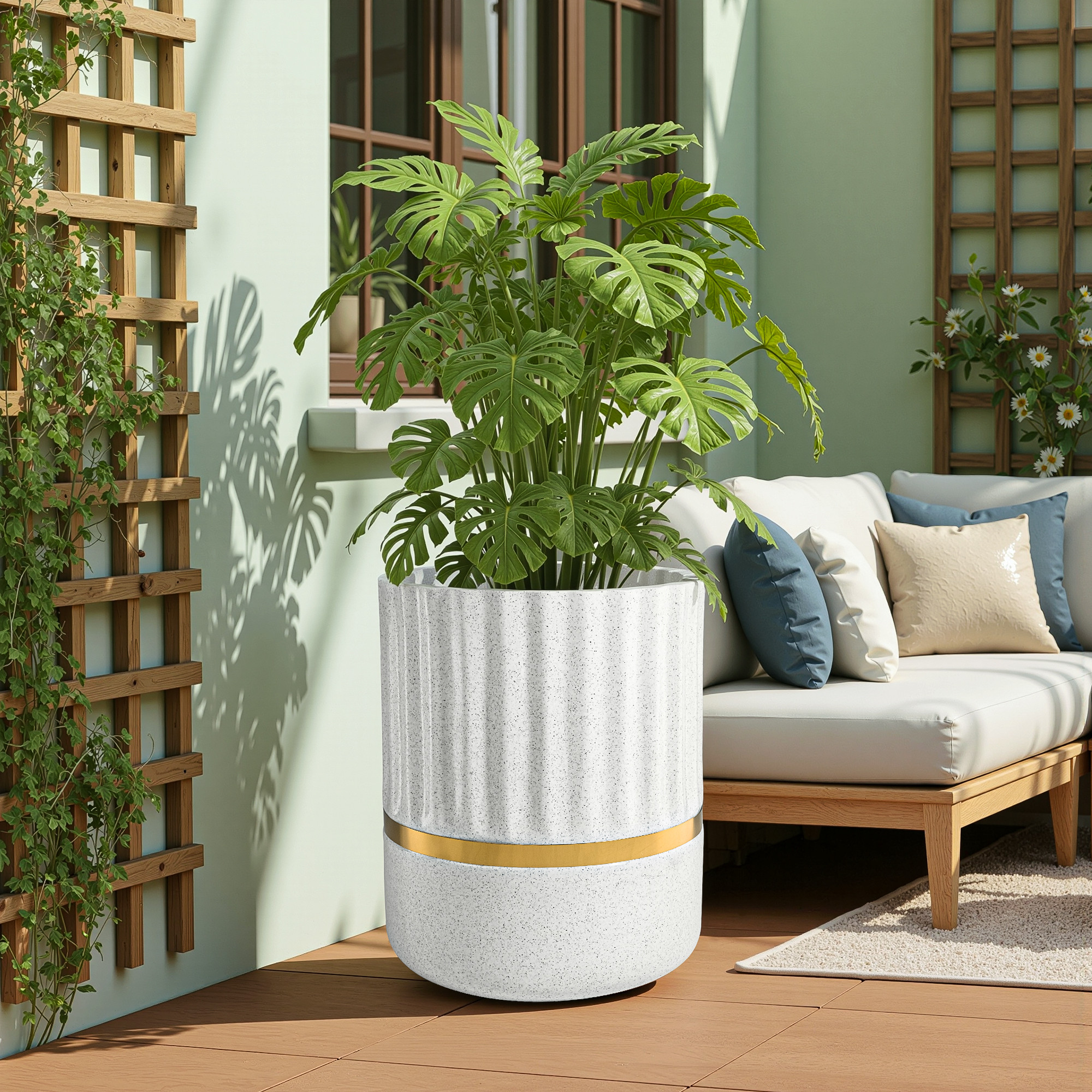 Rotomould 14 Inch Large Planter Pot with Drainage Hole  Round Gold Band Outdoor Indoor Flower Pot for Balcony Garden  Royale Pillar - White