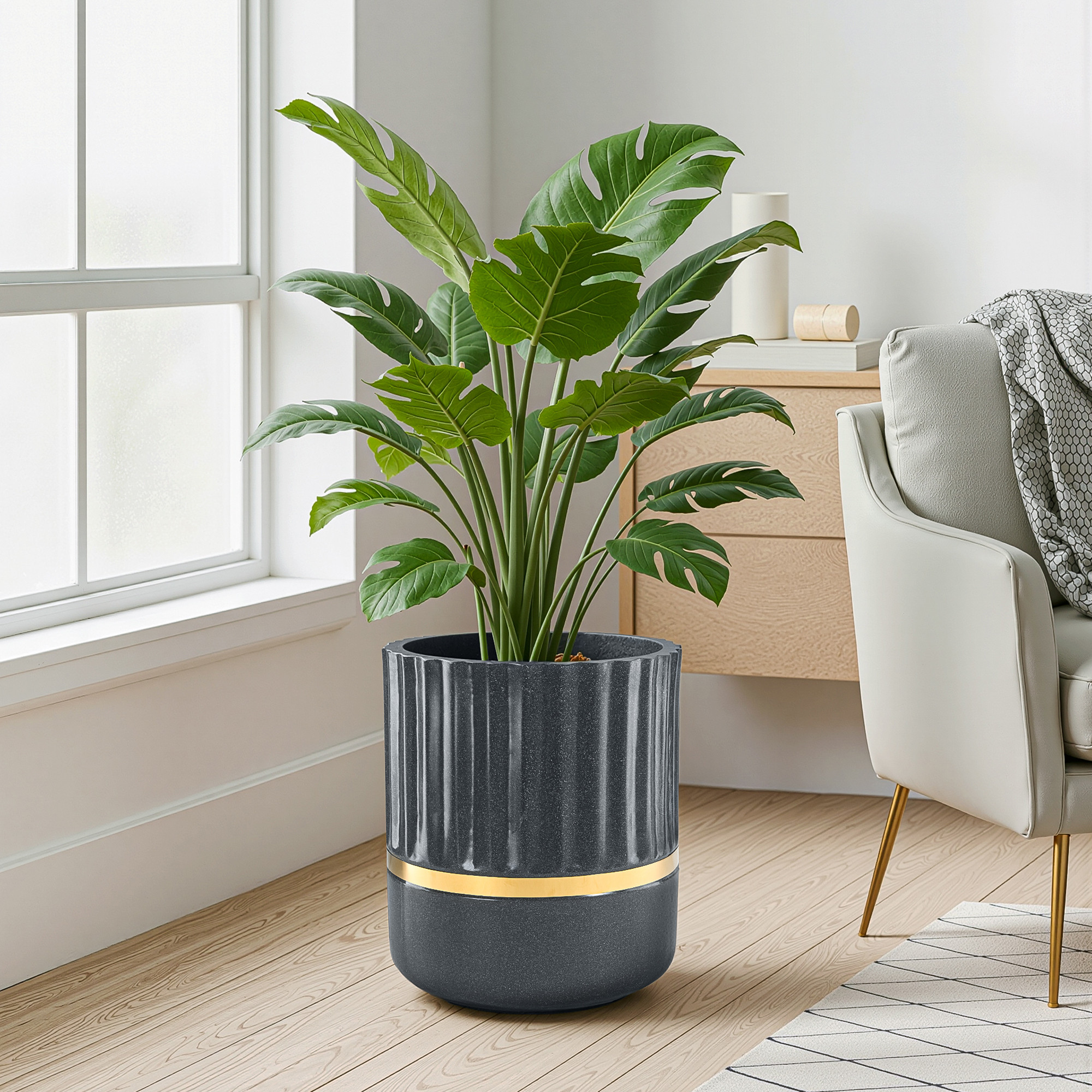 Rotomould 14 Inch Large Planter Pot with Drainage Hole  Round Gold Band Outdoor Indoor Flower Pot for Balcony Garden  Royale Pillar - Grey
