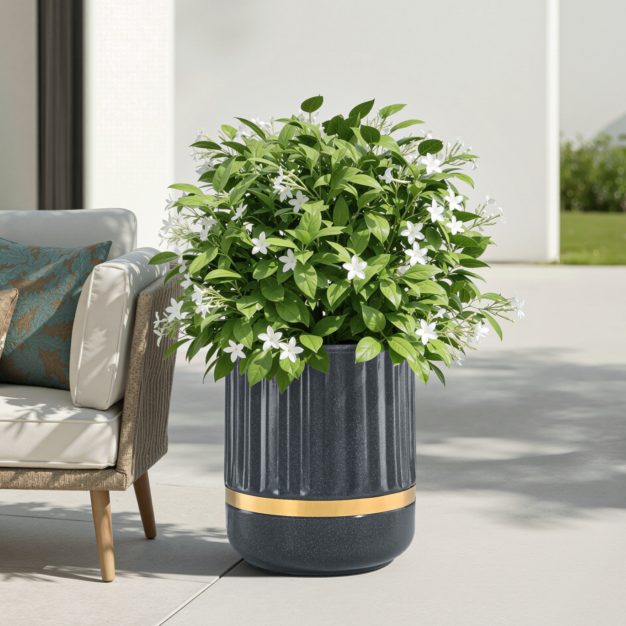 Rotomould 14 Inch Large Planter Pot with Drainage Hole  Round Gold Band Outdoor Indoor Flower Pot for Balcony Garden  Royale Pillar - Grey