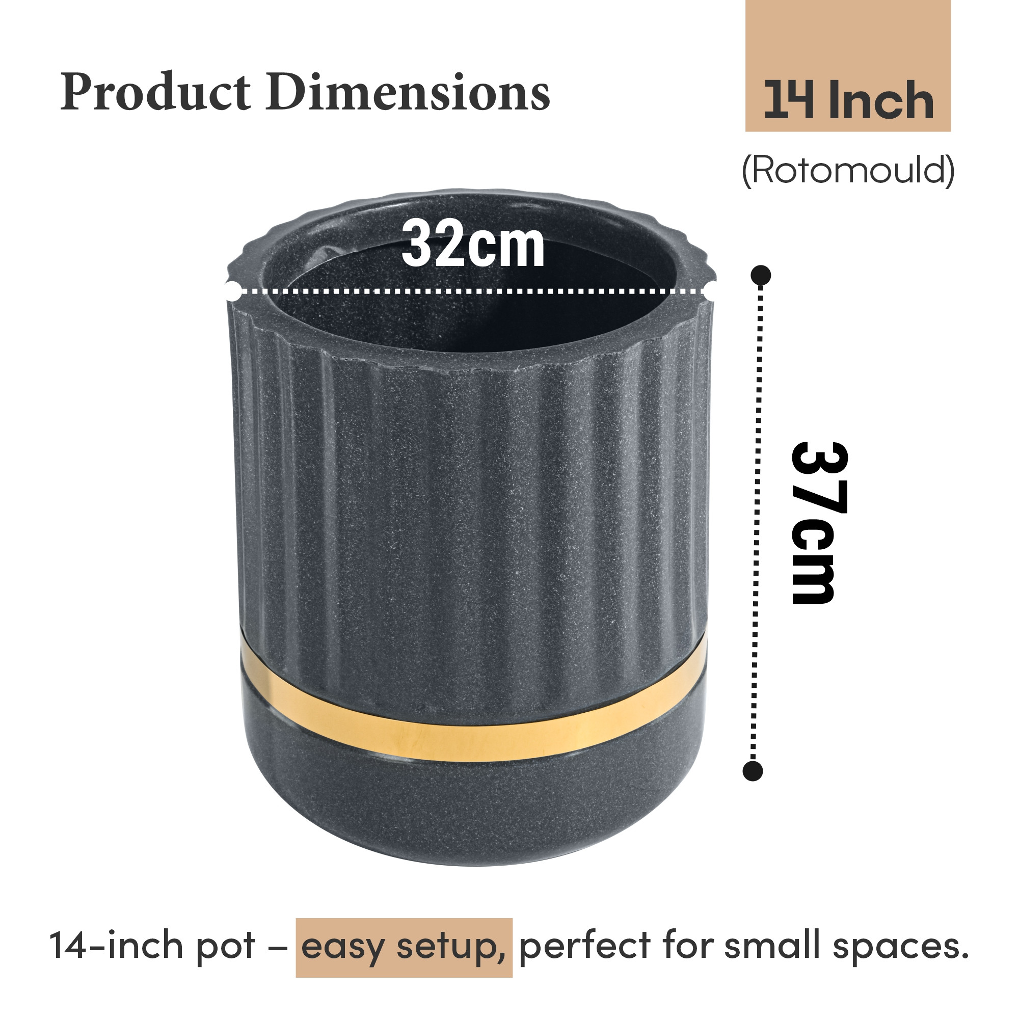 Rotomould 14 Inch Large Planter Pot with Drainage Hole  Round Gold Band Outdoor Indoor Flower Pot for Balcony Garden  Royale Pillar - Grey