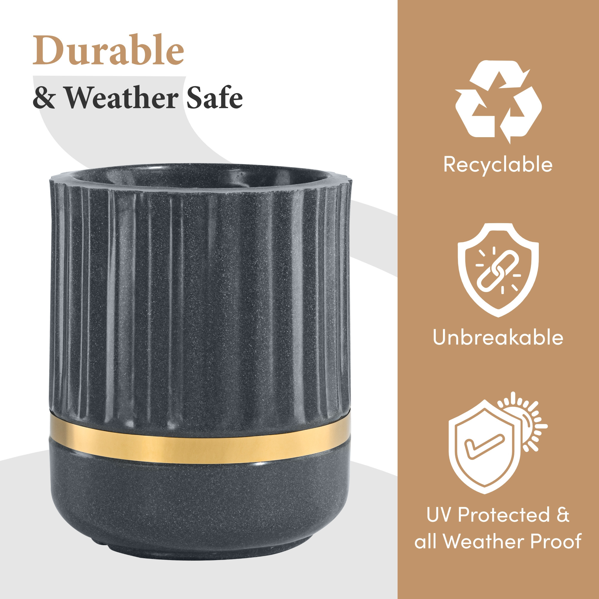 Rotomould 14 Inch Large Planter Pot with Drainage Hole  Round Gold Band Outdoor Indoor Flower Pot for Balcony Garden  Royale Pillar - Grey