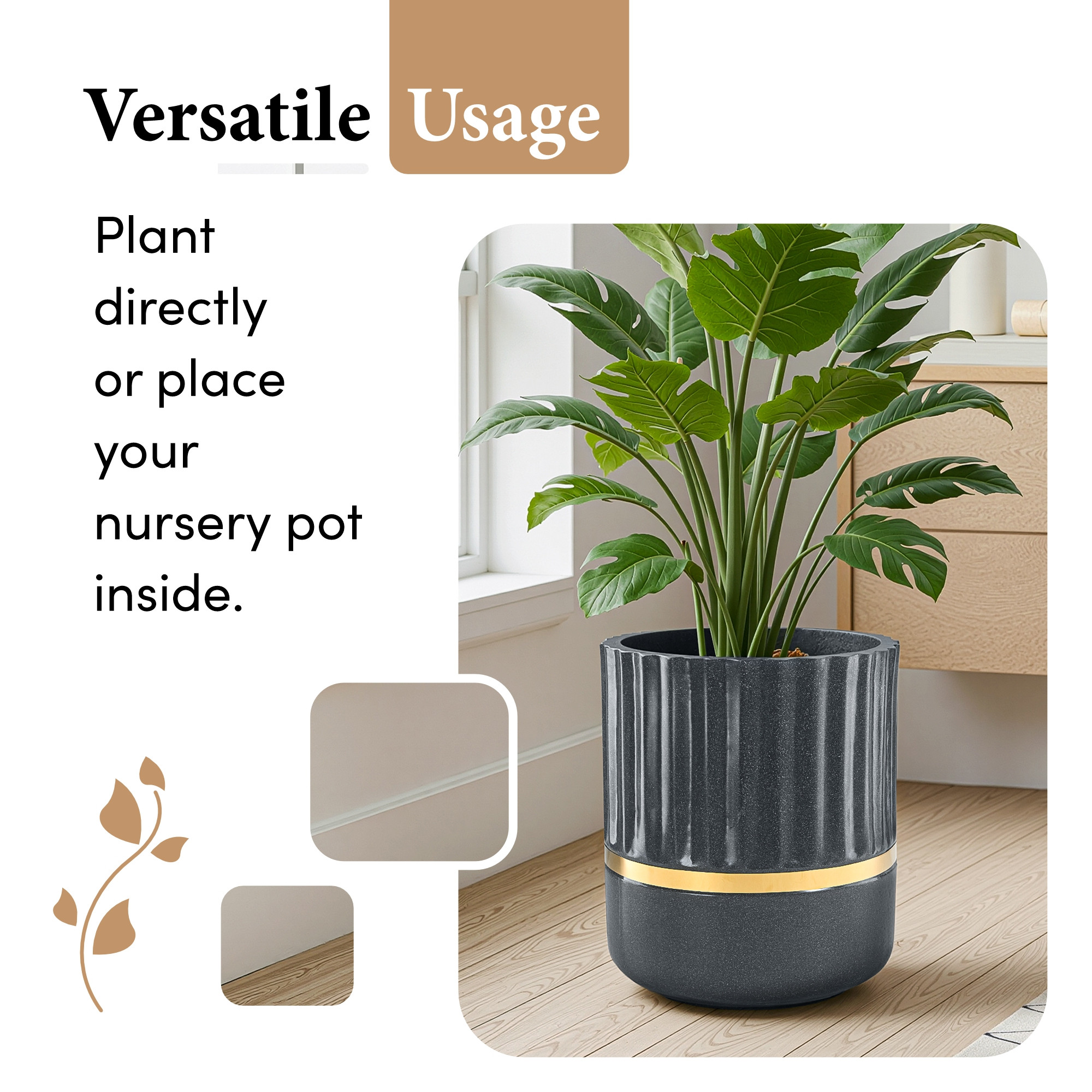 Rotomould 14 Inch Large Planter Pot with Drainage Hole  Round Gold Band Outdoor Indoor Flower Pot for Balcony Garden  Royale Pillar - Grey