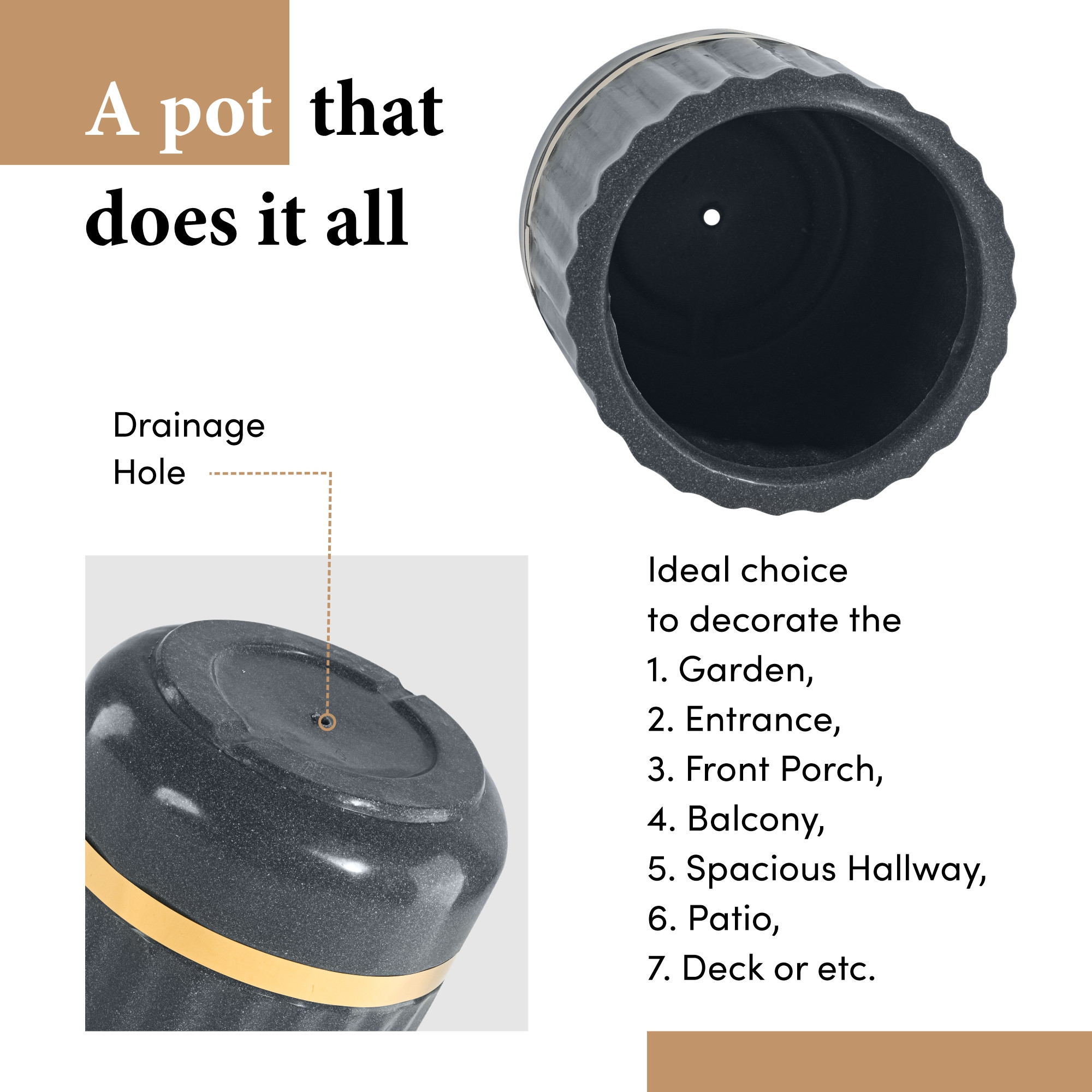 Rotomould 14 Inch Large Planter Pot with Drainage Hole  Round Gold Band Outdoor Indoor Flower Pot for Balcony Garden  Royale Pillar - Grey