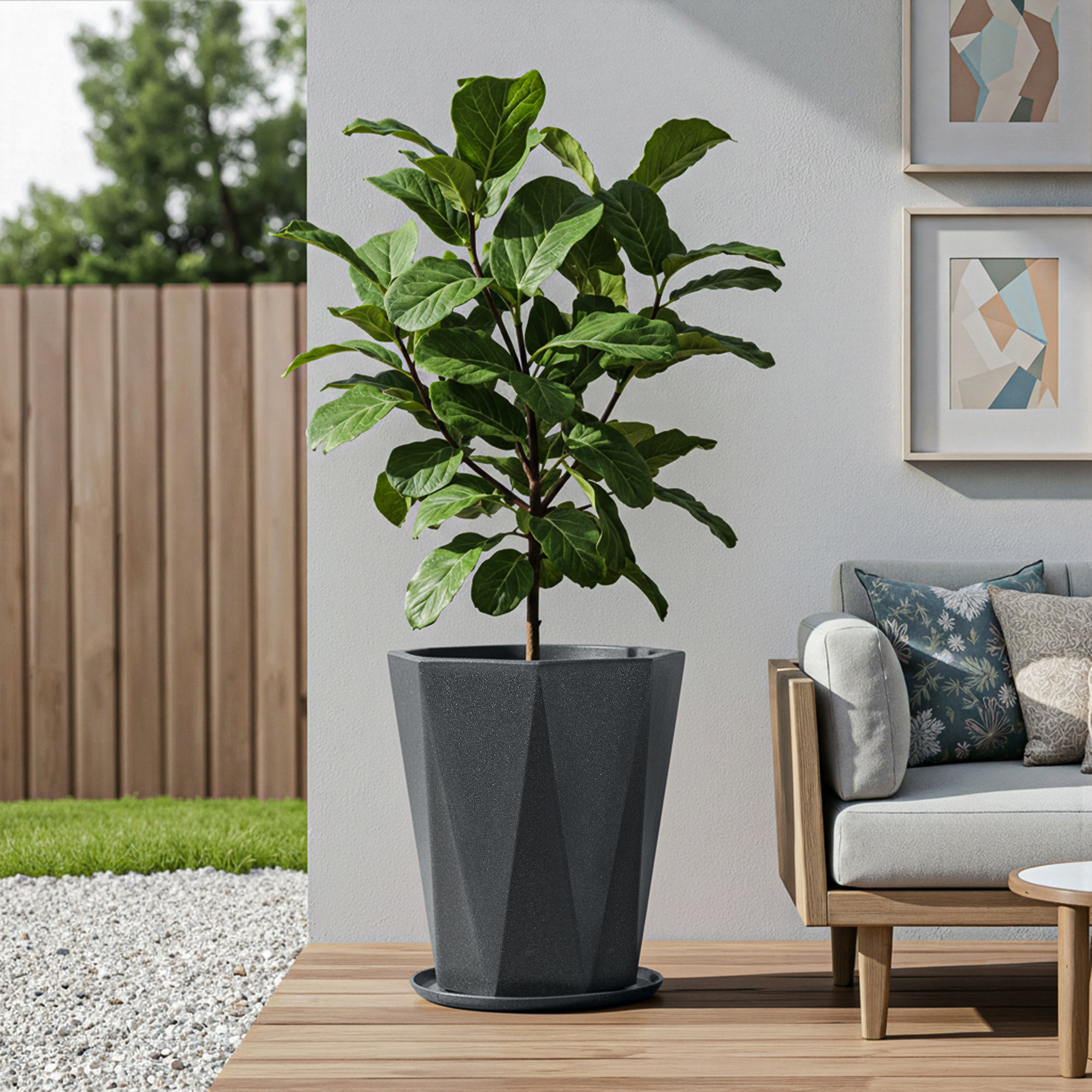 Rotomould 18 Inch Big Size Flower Pot with Tray for Balcony Garden  Flower Planter With Drainage for Trees  Outdoor Dcor  Diamond - Grey