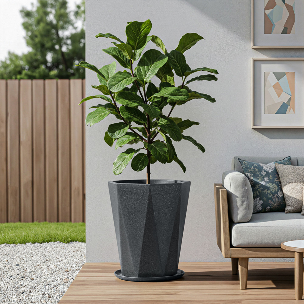 Image of Rotomould 18 Inch Big Size Flower Pot with Tray for Balcony, Garden | Flower Planter With Drainage for Trees & Outdoor Décor | Diamond - Grey