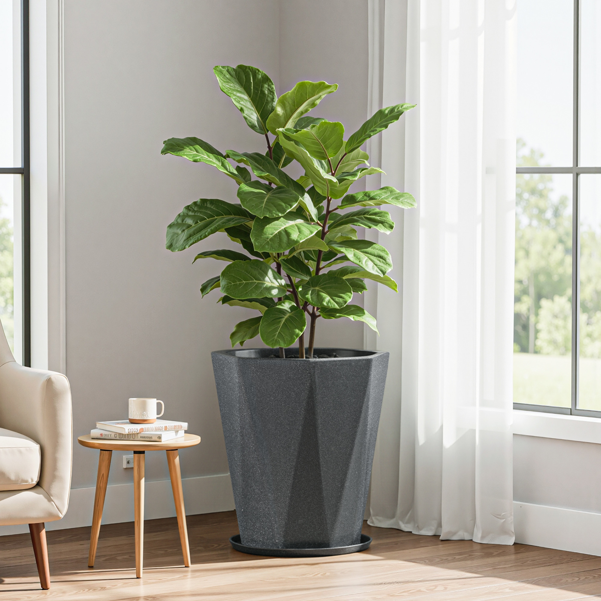 Rotomould 18 Inch Big Size Flower Pot with Tray for Balcony Garden  Flower Planter With Drainage for Trees  Outdoor Dcor  Diamond - Grey