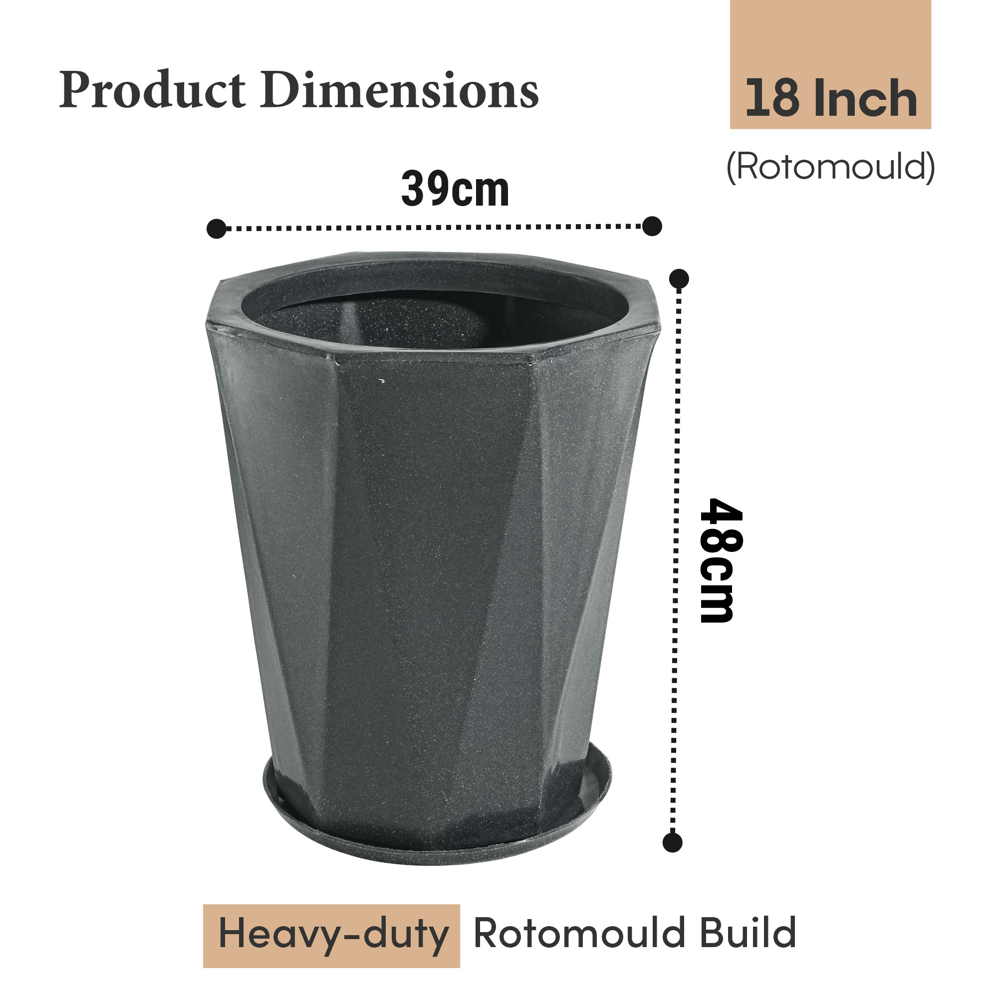 Rotomould 18 Inch Big Size Flower Pot with Tray for Balcony Garden  Flower Planter With Drainage for Trees  Outdoor Dcor  Diamond - Grey