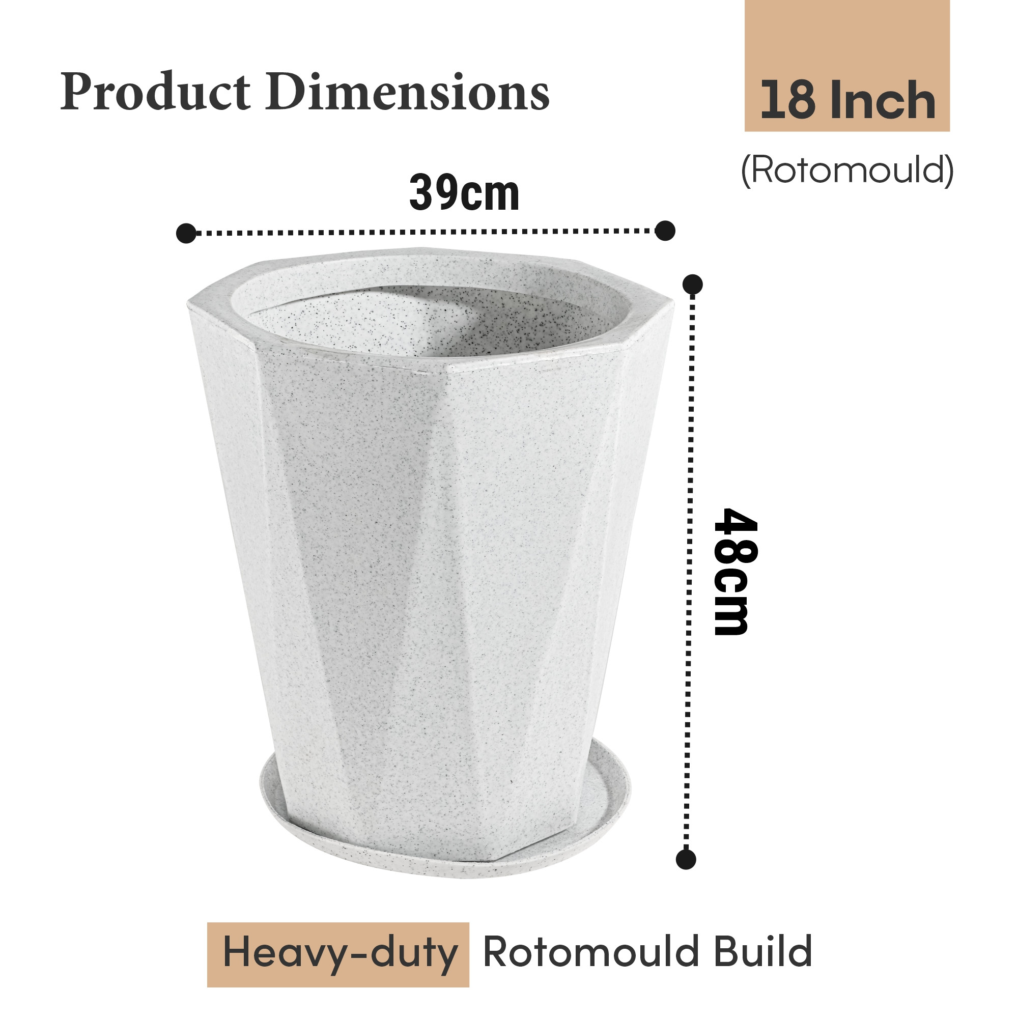 Rotomould 18 Inch Big Size Flower Pot with Tray for Balcony Garden  Flower Planter With Drainage for Trees  Outdoor Dcor  Diamond - White