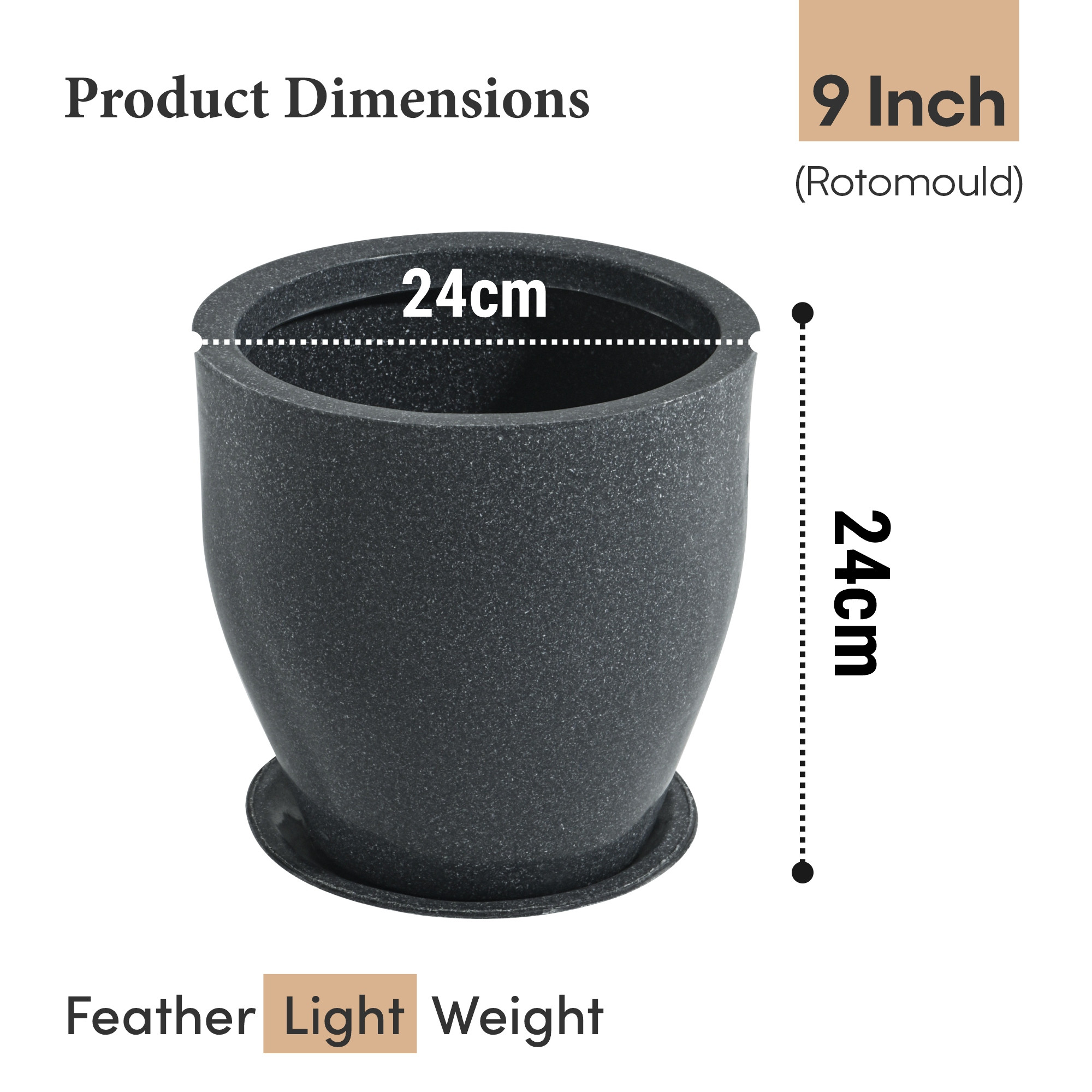 Rotomould 9 Inch Flower Pot with Tray  Round Planter for Indoor  Outdoor Balcony Garden with Drainage Hole  Luna - Grey