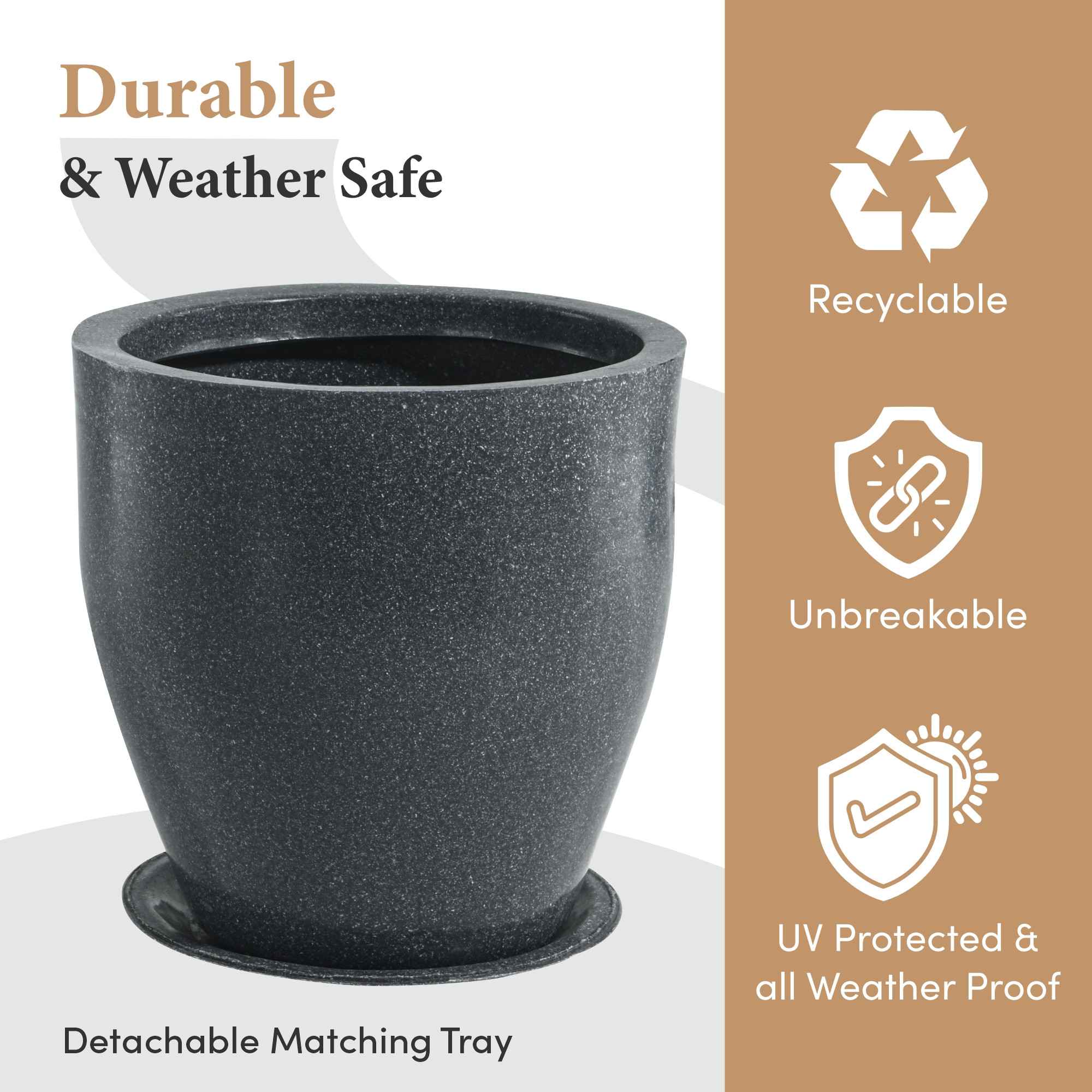 Rotomould 9 Inch Flower Pot with Tray  Round Planter for Indoor  Outdoor Balcony Garden with Drainage Hole  Luna - Grey