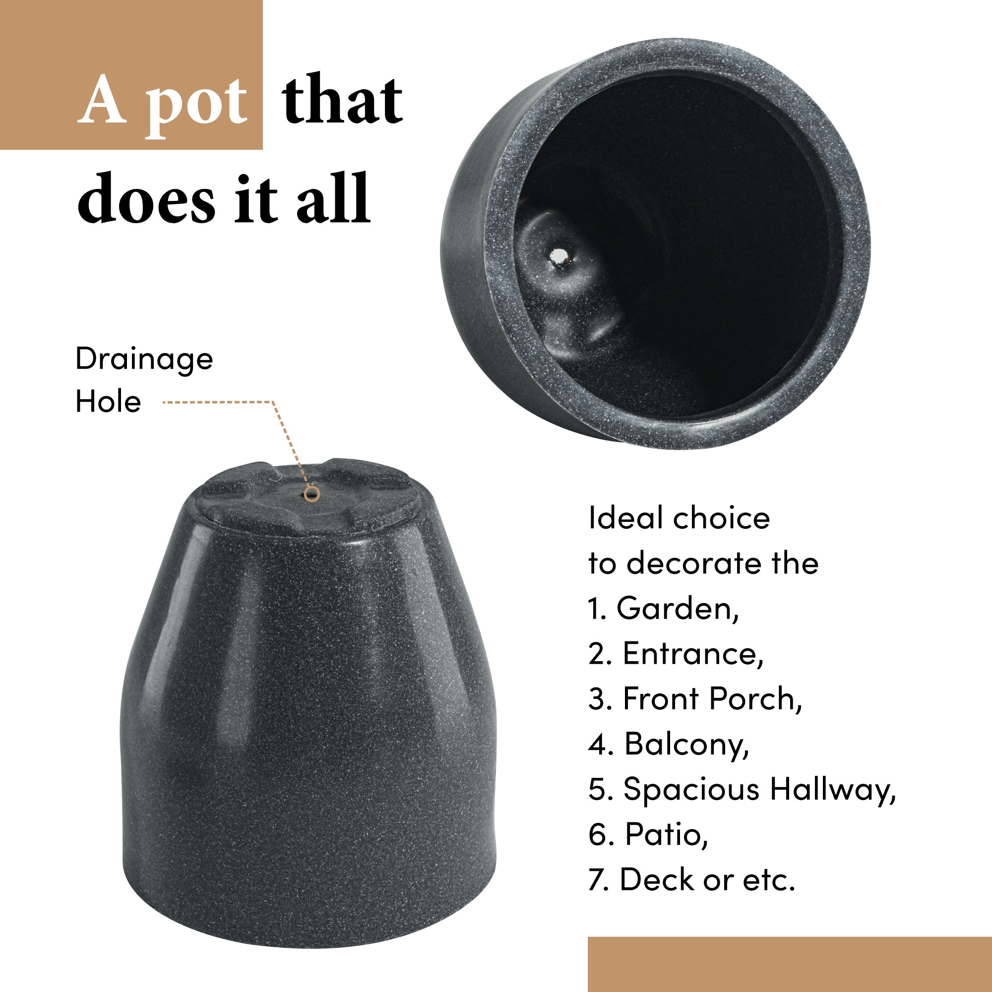 Rotomould 9 Inch Flower Pot with Tray  Round Planter for Indoor  Outdoor Balcony Garden with Drainage Hole  Luna - Grey