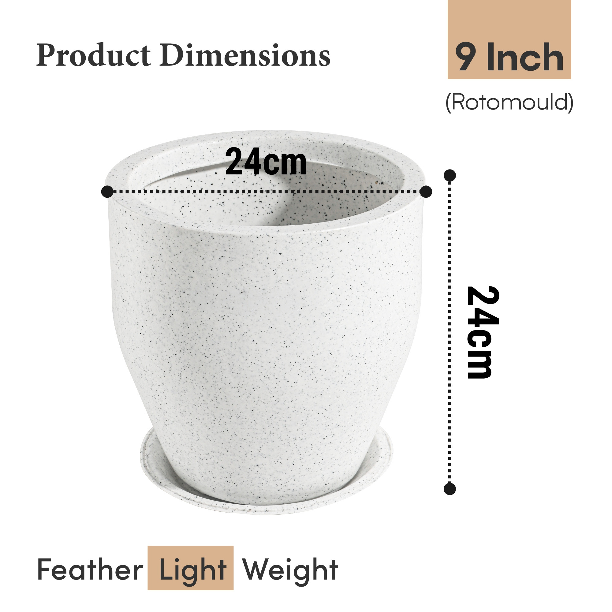 Rotomould 9 Inch Flower Pot with Tray  Round Planter for Indoor  Outdoor Balcony Garden with Drainage Hole  Luna - White