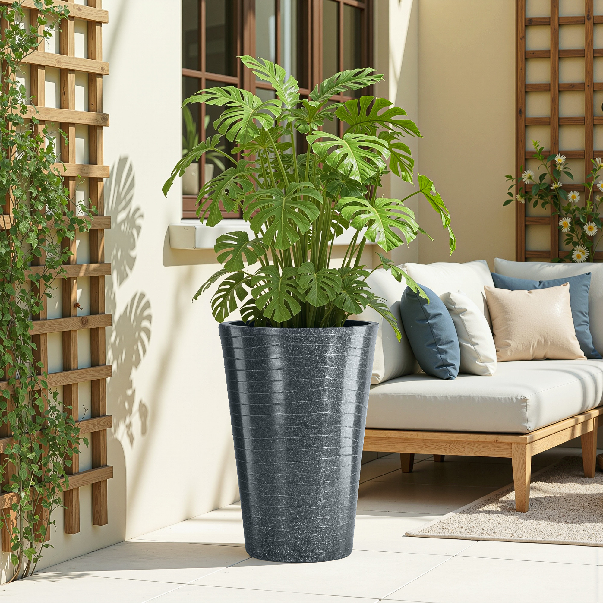 Rotomould Big Size Planter 23 Inch  Outdoor Indoor Flower Pot with Drain Hole for Balcony Terrace Garden Office  Rib Tower - Grey