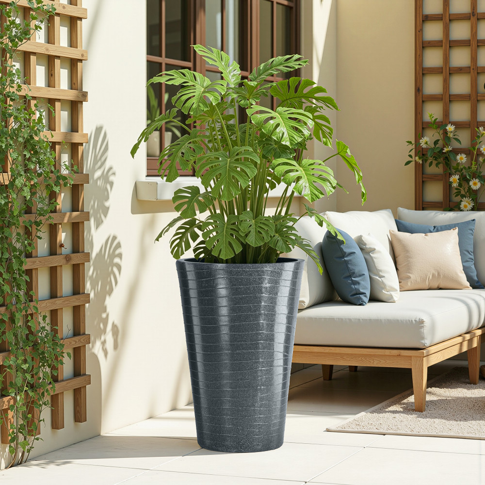 Image of Rotomould Big Size Planter 23 Inch | Outdoor Indoor Flower Pot with Drain Hole for Balcony, Terrace, Garden, Office | Rib Tower - Grey
