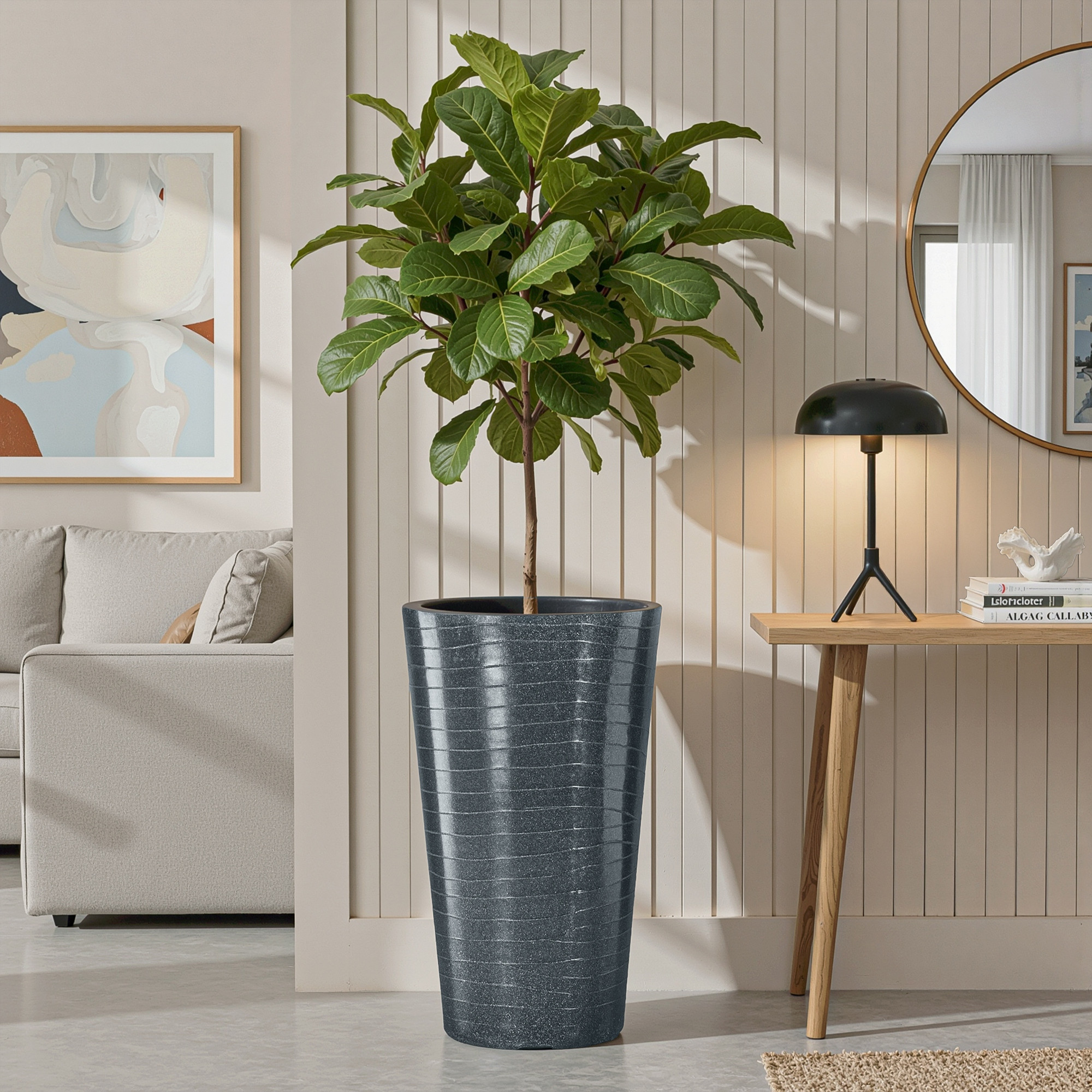 Rotomould Big Size Planter 23 Inch  Outdoor Indoor Flower Pot with Drain Hole for Balcony Terrace Garden Office  Rib Tower - Grey