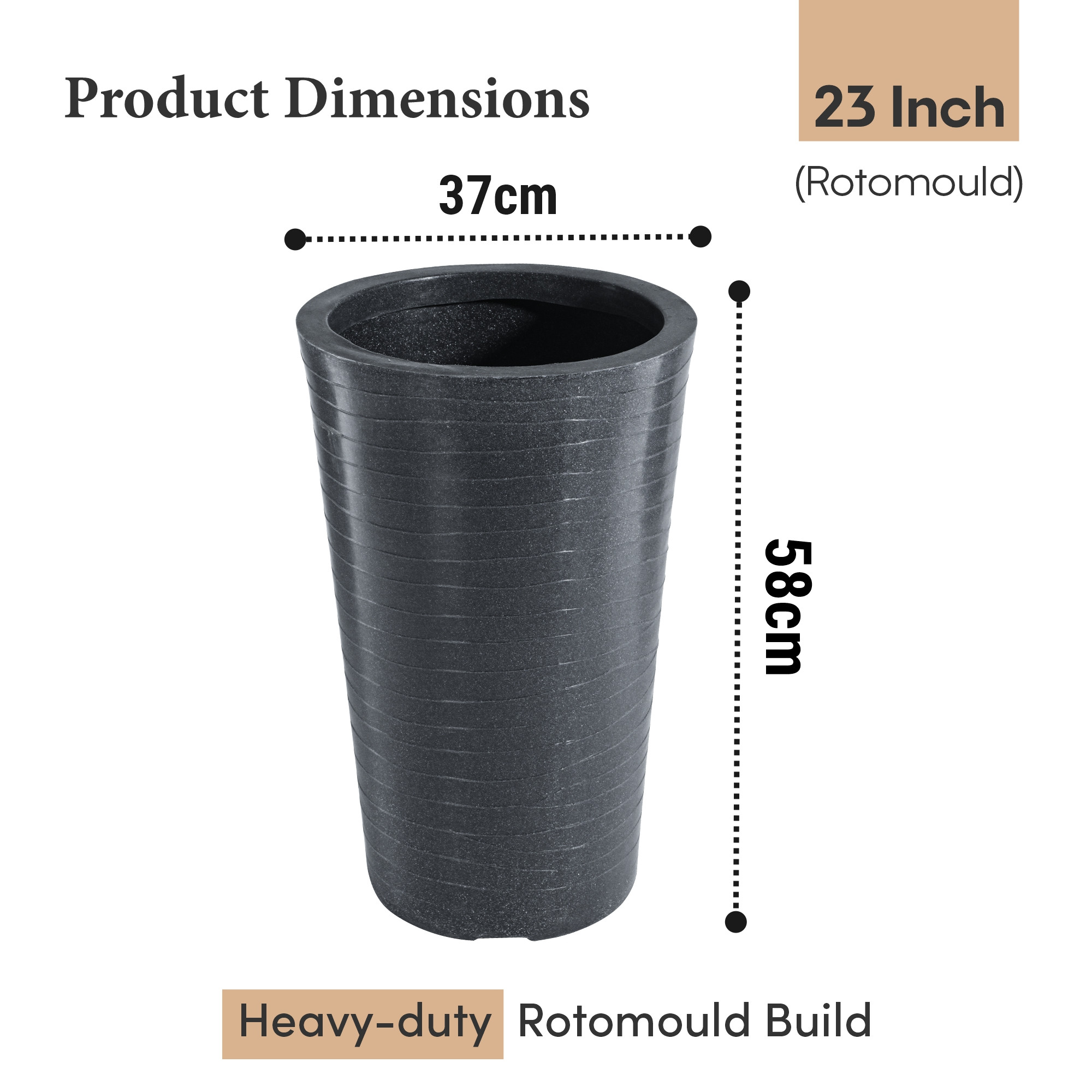 Rotomould Big Size Planter 23 Inch  Outdoor Indoor Flower Pot with Drain Hole for Balcony Terrace Garden Office  Rib Tower - Grey