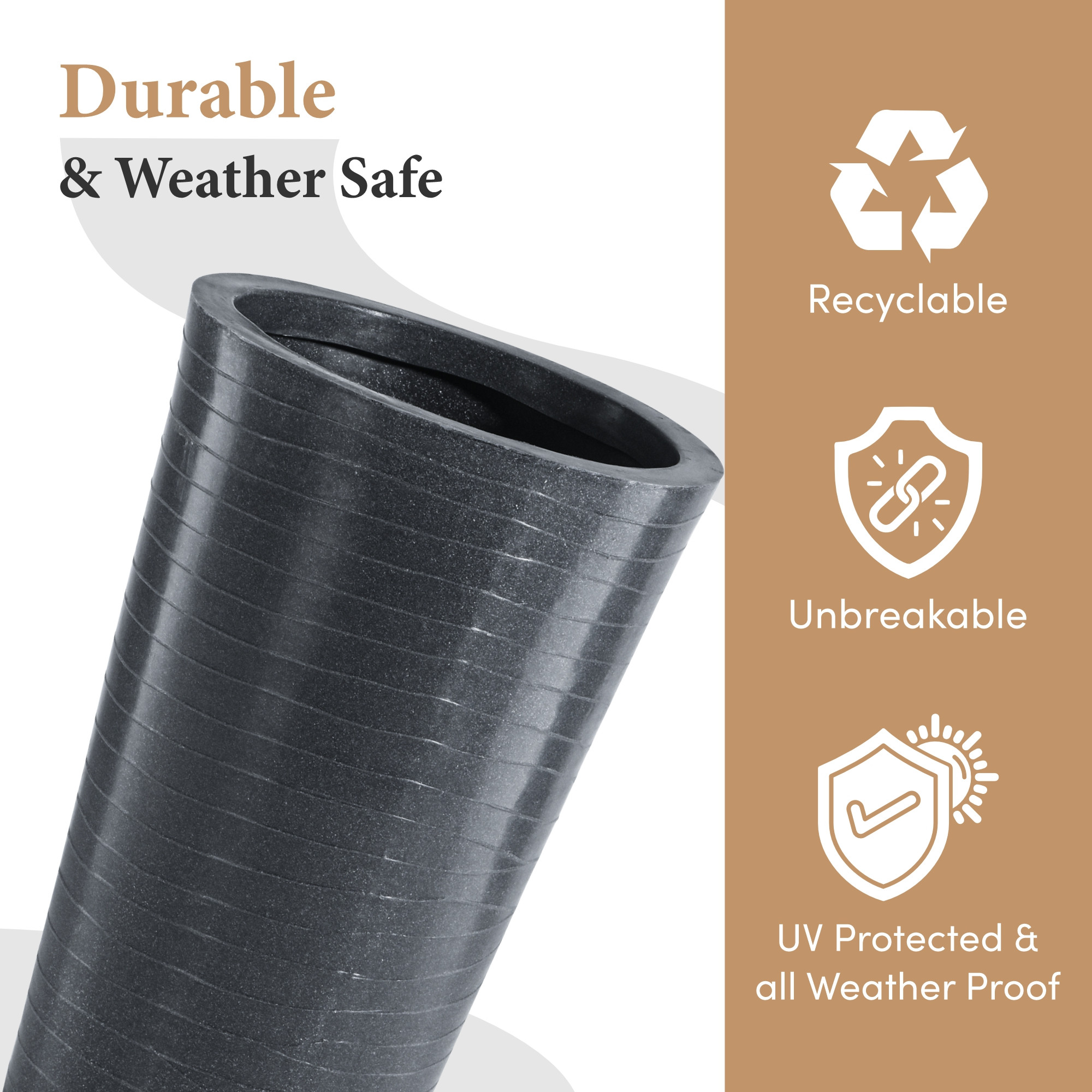 Rotomould Big Size Planter 23 Inch  Outdoor Indoor Flower Pot with Drain Hole for Balcony Terrace Garden Office  Rib Tower - Grey