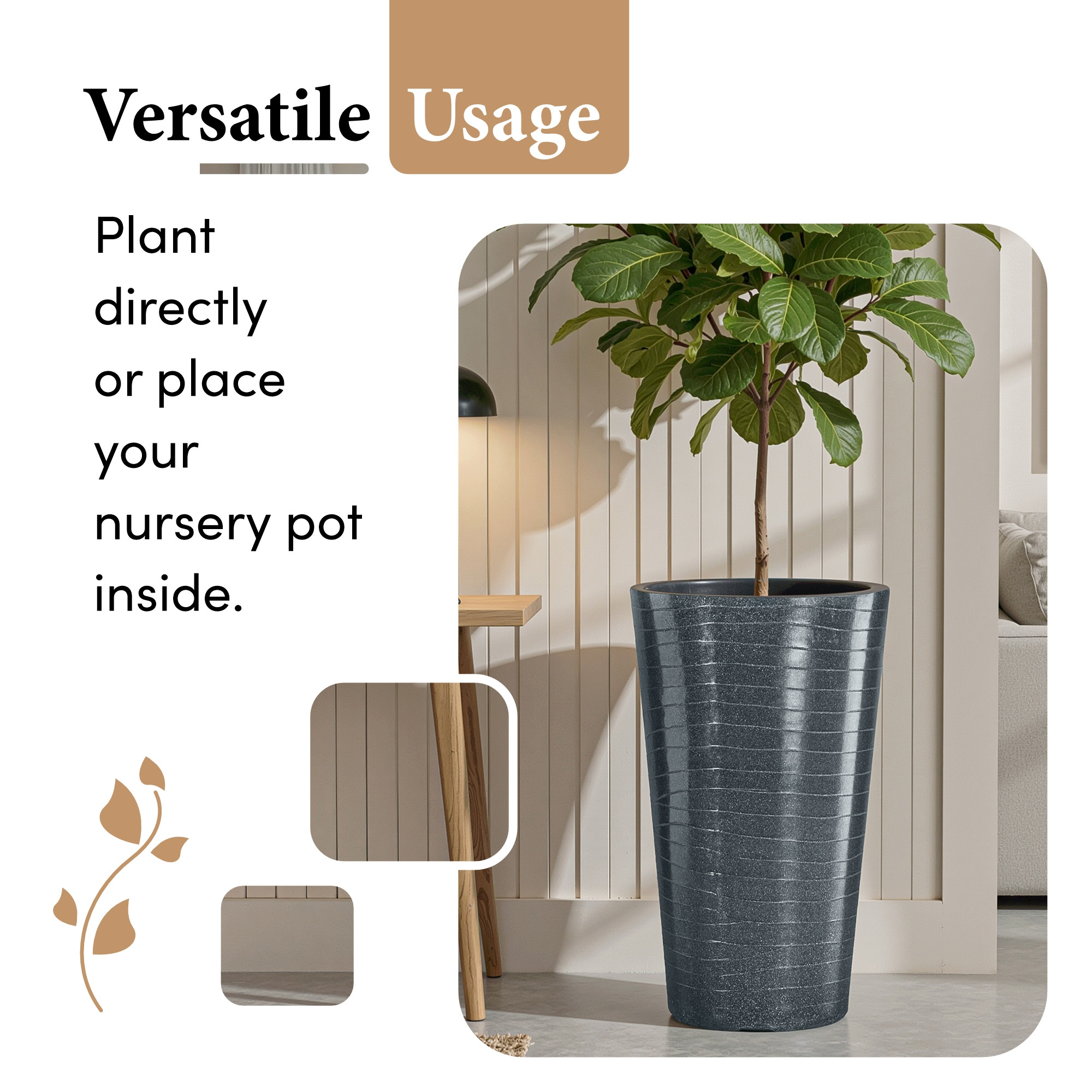 Rotomould Big Size Planter 23 Inch  Outdoor Indoor Flower Pot with Drain Hole for Balcony Terrace Garden Office  Rib Tower - Grey