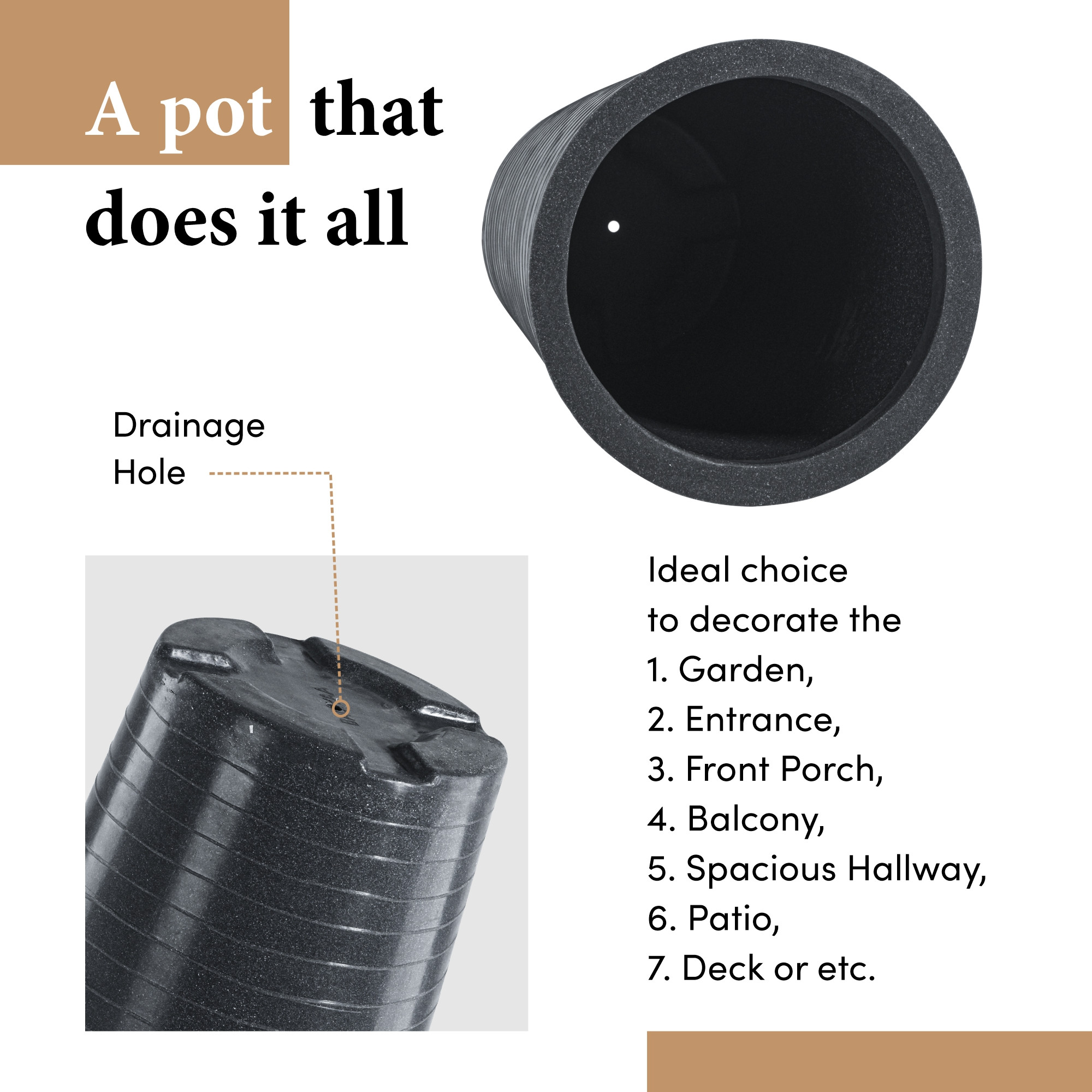 Rotomould Big Size Planter 23 Inch  Outdoor Indoor Flower Pot with Drain Hole for Balcony Terrace Garden Office  Rib Tower - Grey