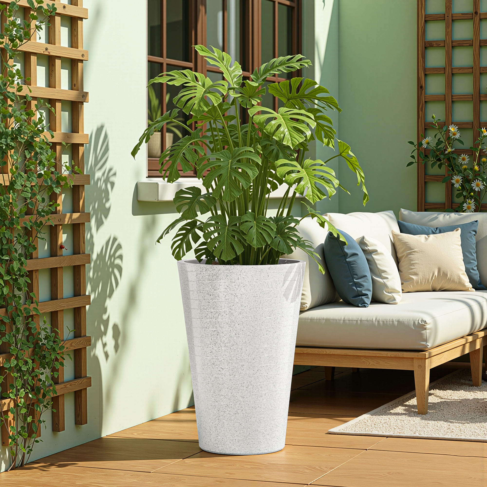 Rotomould Big Size Planter 23 Inch  Outdoor Indoor Flower Pot with Drain Hole for Balcony Terrace Garden Office  Rib Tower - White