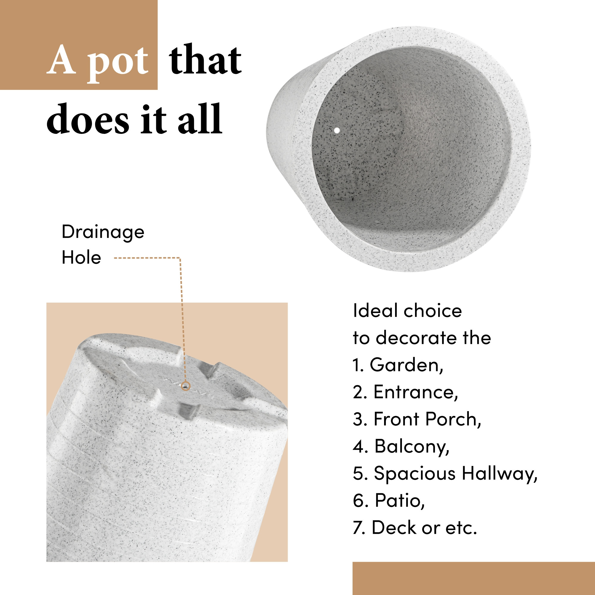 Rotomould Big Size Planter 23 Inch  Outdoor Indoor Flower Pot with Drain Hole for Balcony Terrace Garden Office  Rib Tower - White