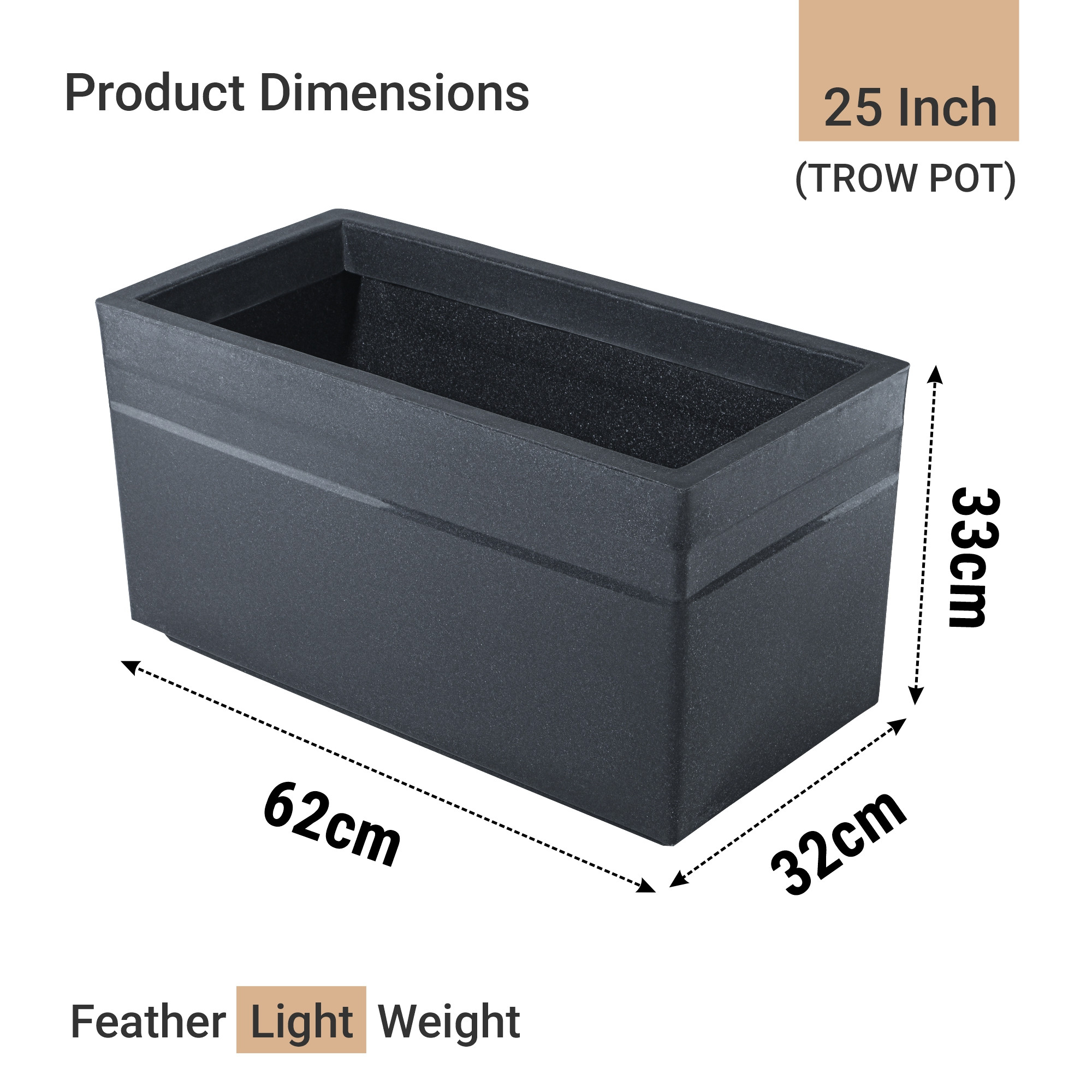 Rotomould Big Size Planter 25 Inch  Large Rectangular Flower Pot for Garden Balcony Patio with Drainage Holes  Trow - Grey
