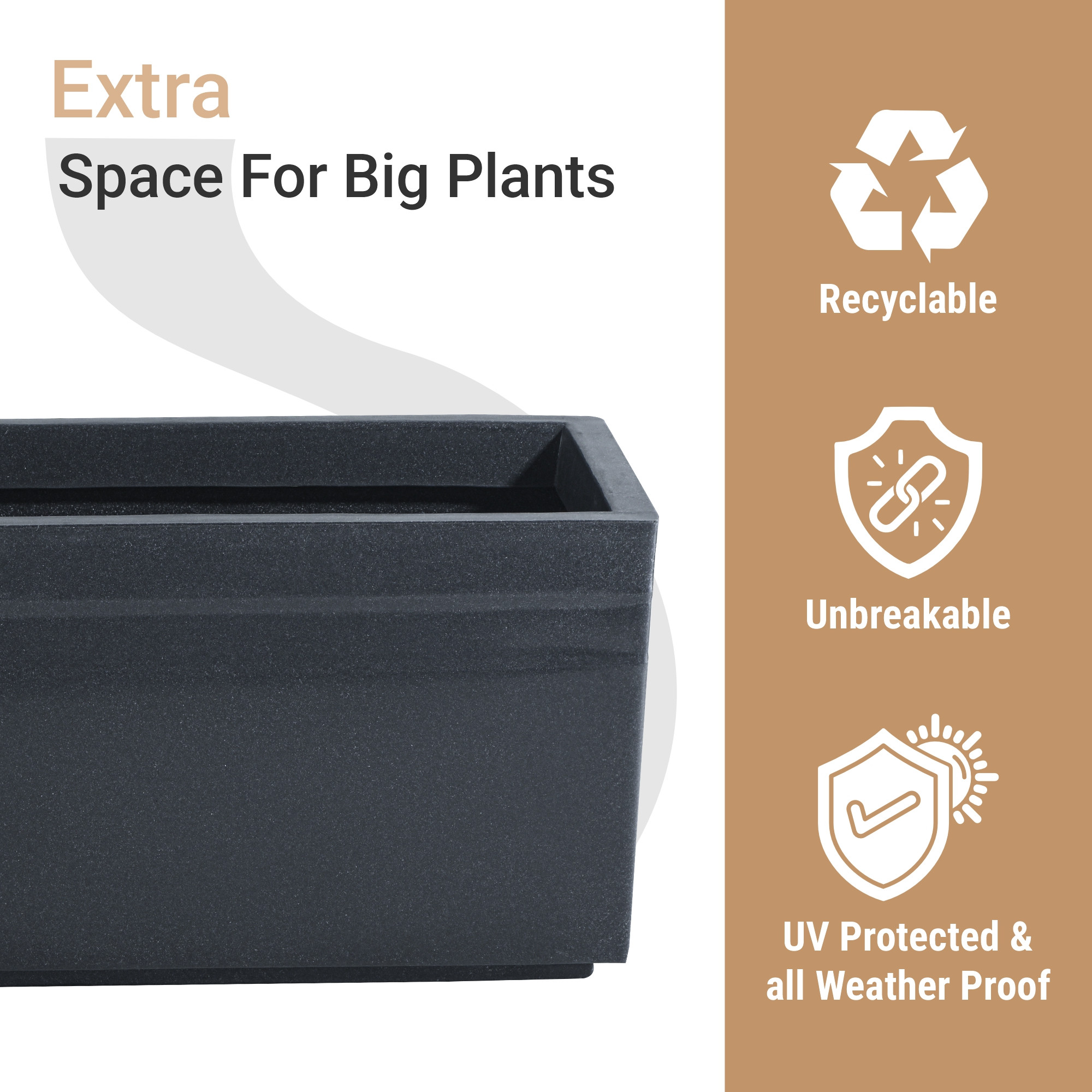 Rotomould Big Size Planter 25 Inch  Large Rectangular Flower Pot for Garden Balcony Patio with Drainage Holes  Trow - Grey