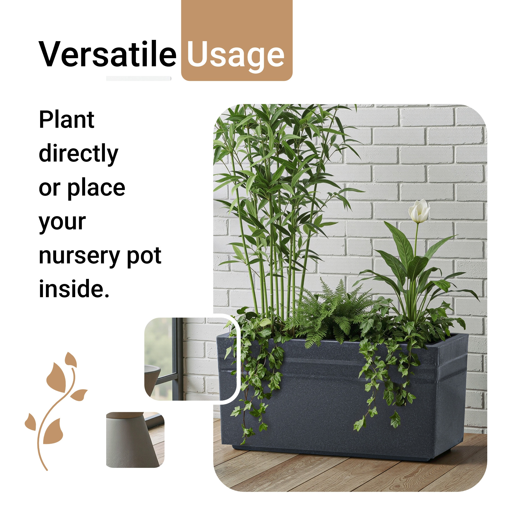Rotomould Big Size Planter 25 Inch  Large Rectangular Flower Pot for Garden Balcony Patio with Drainage Holes  Trow - Grey