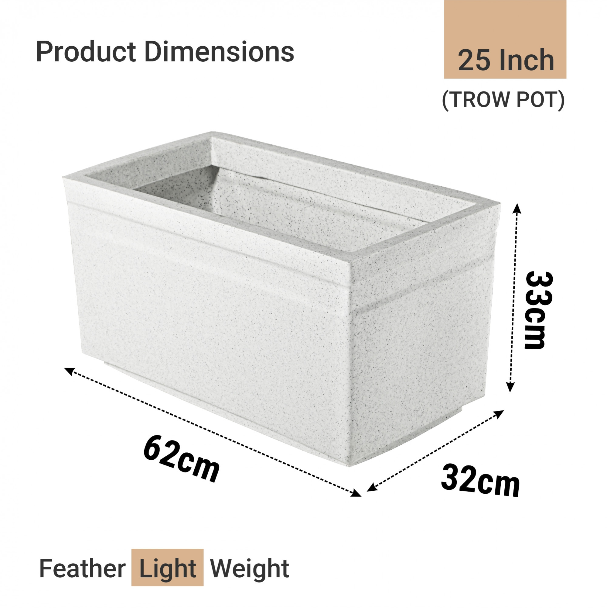 Rotomould Big Size Planter 25 Inch  Large Rectangular Flower Pot for Garden Balcony Patio with Drainage Holes  Trow - White