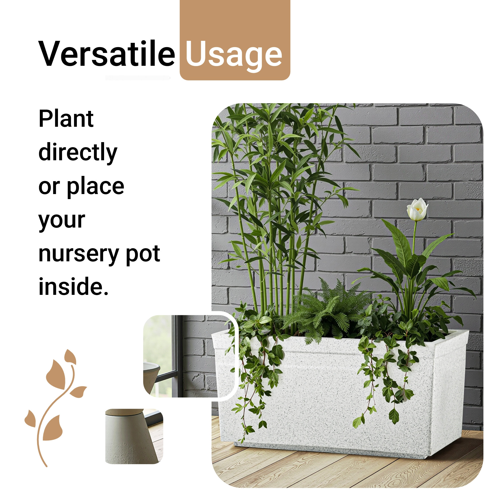 Rotomould Big Size Planter 25 Inch  Large Rectangular Flower Pot for Garden Balcony Patio with Drainage Holes  Trow - White