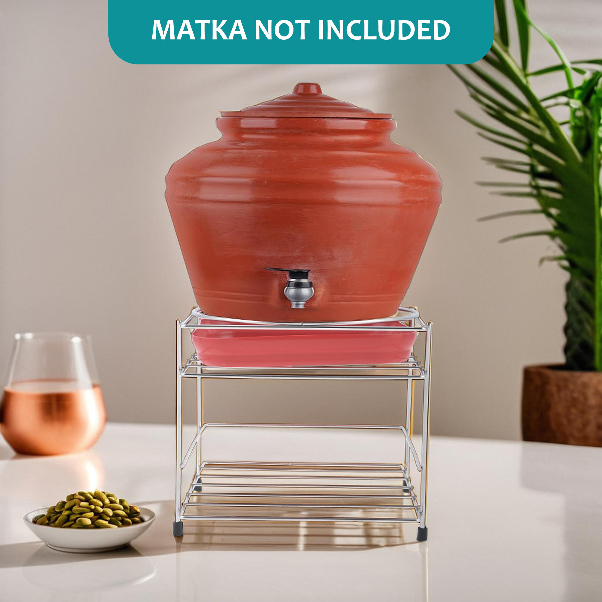 Round Surface Stainless Steel Matka Stand for Water Pot with Detachable Tray Holder and Glass Organizer  Earthen PotWater DispenserMatka Stand for Kitchen  Silver
