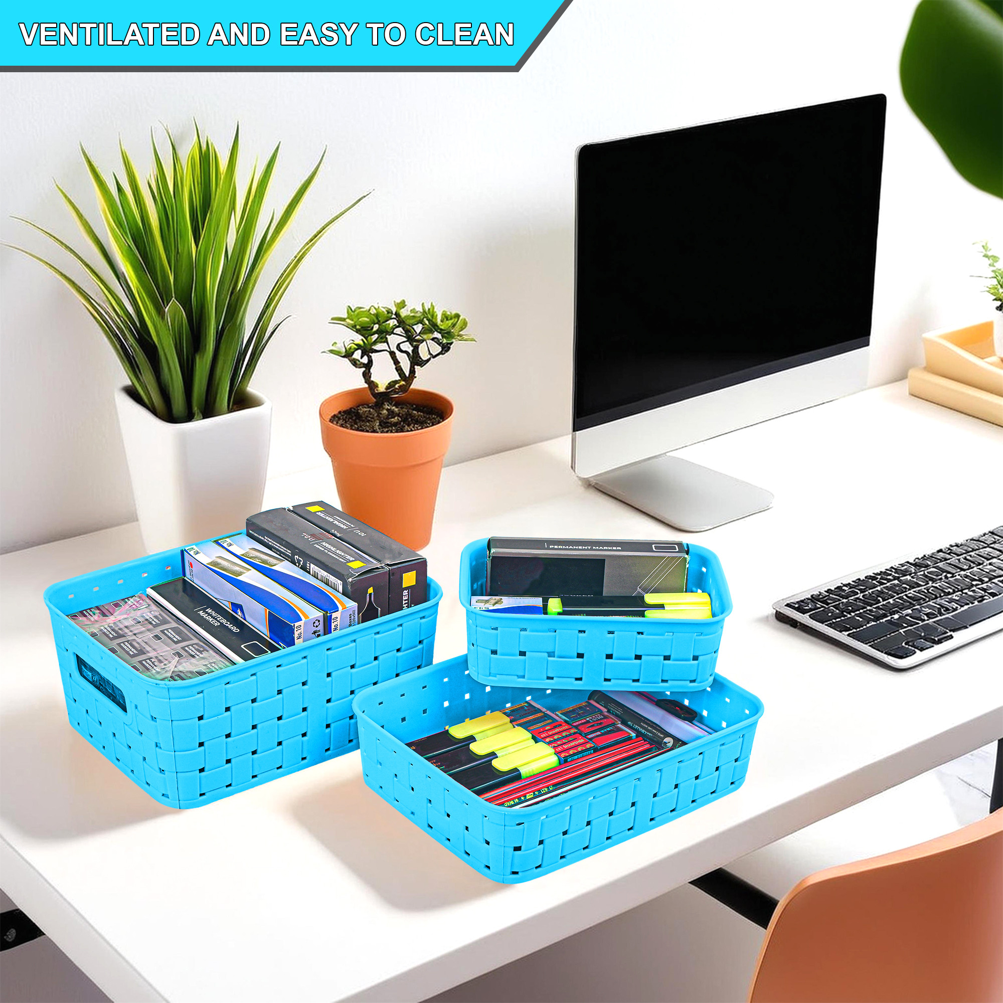 Set of 3 Plastic Bpa Free Multipurpose Basket for Storage Organizer  Stationery Cosmetic Kitchen Items  Bathroom Organiser Tray for Toiletries  Blue