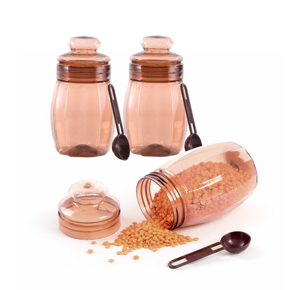 Set Of 3 Plastic Storage Containers with Lid for Kitchen  Air Tight Jar Storing Box for Spices Tea  Dry Fuits  Transparent Brown