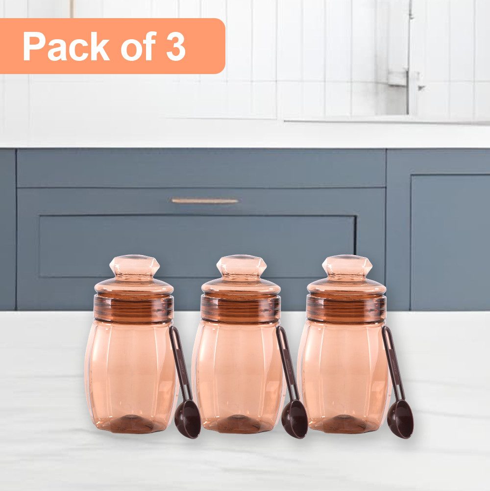 Set Of 3 Plastic Storage Containers with Lid for Kitchen  Air Tight Jar Storing Box for Spices Tea  Dry Fuits  Transparent Brown