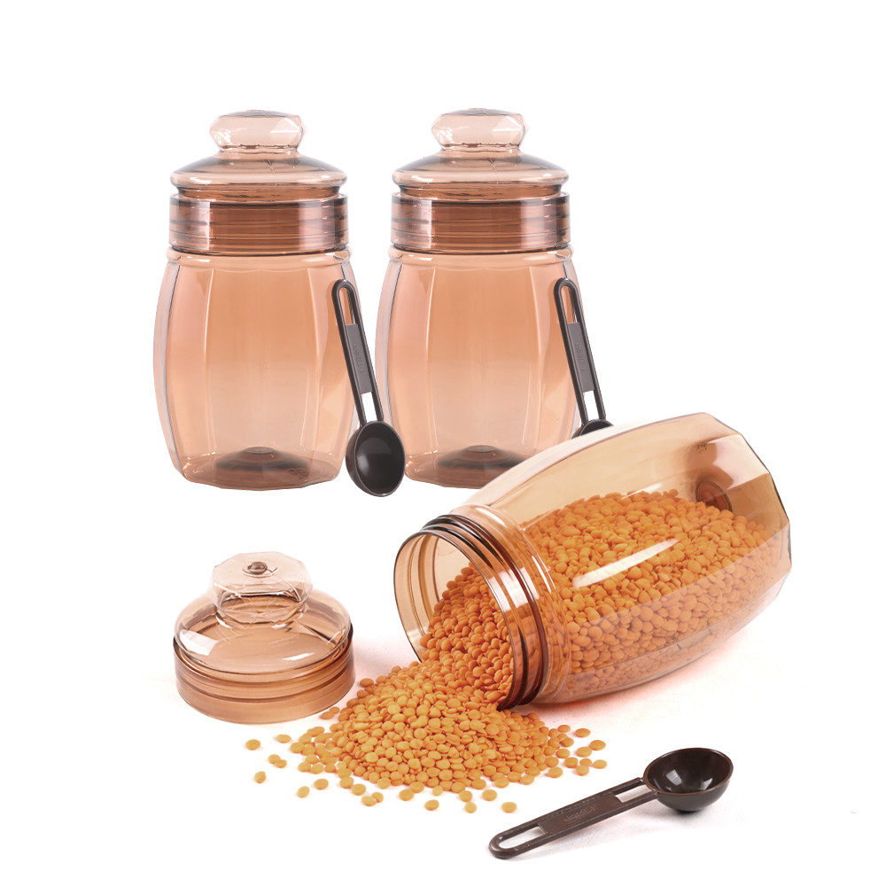 Set Of 3 Plastic Storage Containers with Lid for Kitchen  Air Tight Jar Storing Box for Spices Tea  Dry Fuits  Transparent Brown