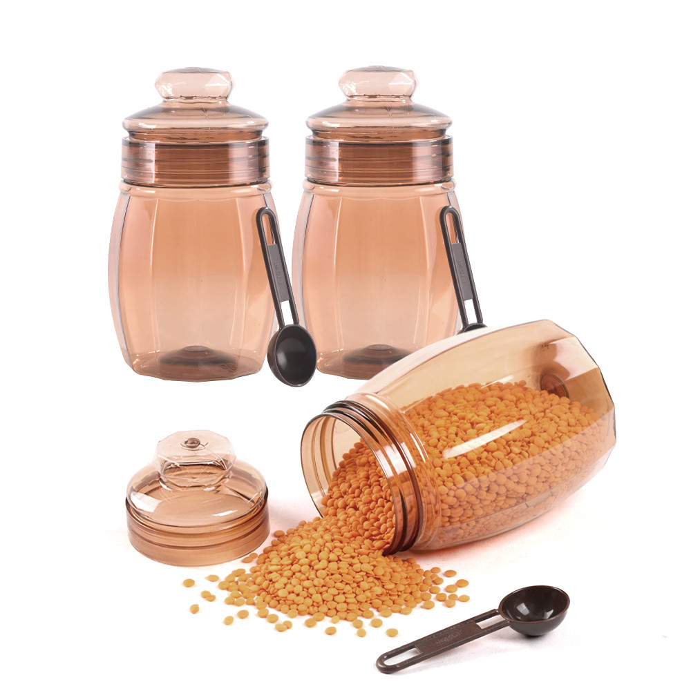 Set Of 3 Plastic Storage Containers with Lid for Kitchen  Air Tight Jar Storing Box for Spices Tea  Dry Fuits  Transparent Brown