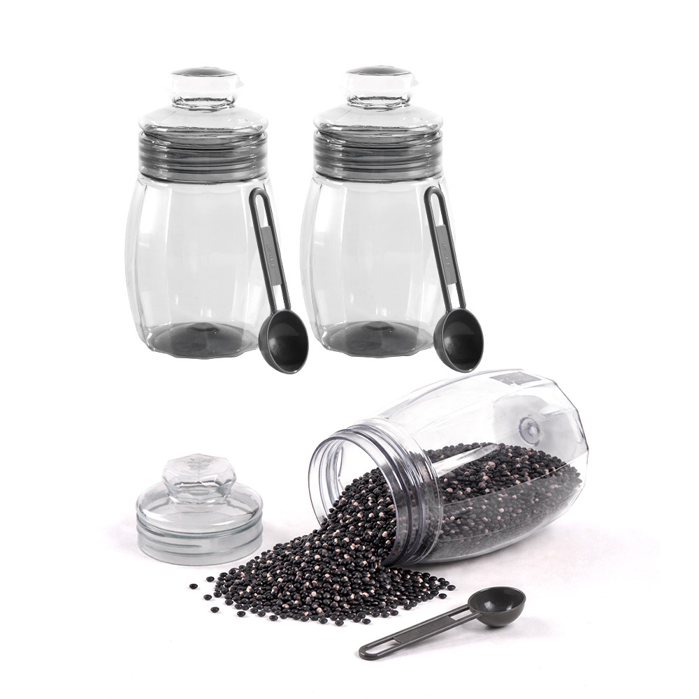 Set Of 3 Plastic Storage Containers with Lid for Kitchen  Air Tight Jar Storing Box for Spices Tea  Dry Fuits  Transparent Grey