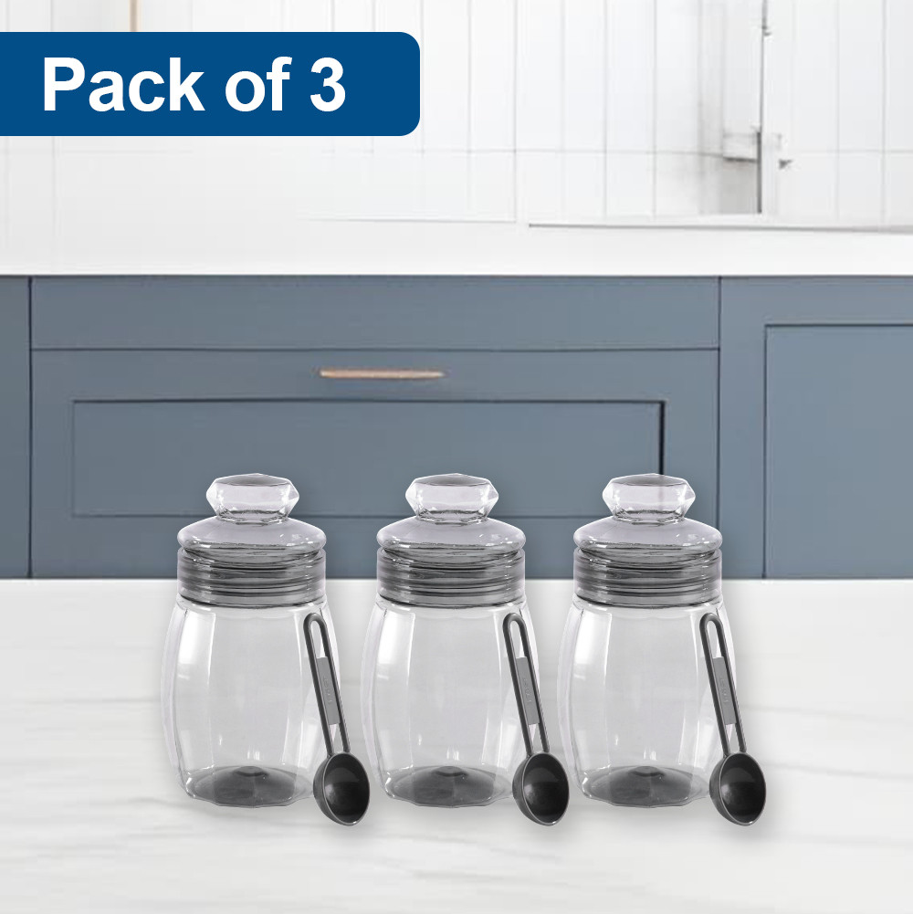 Set Of 3 Plastic Storage Containers with Lid for Kitchen  Air Tight Jar Storing Box for Spices Tea  Dry Fuits  Transparent Grey