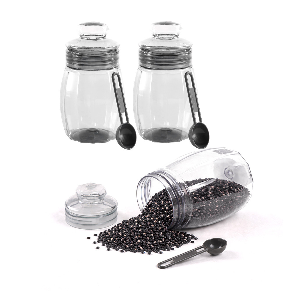 Set Of 3 Plastic Storage Containers with Lid for Kitchen  Air Tight Jar Storing Box for Spices Tea  Dry Fuits  Transparent Grey