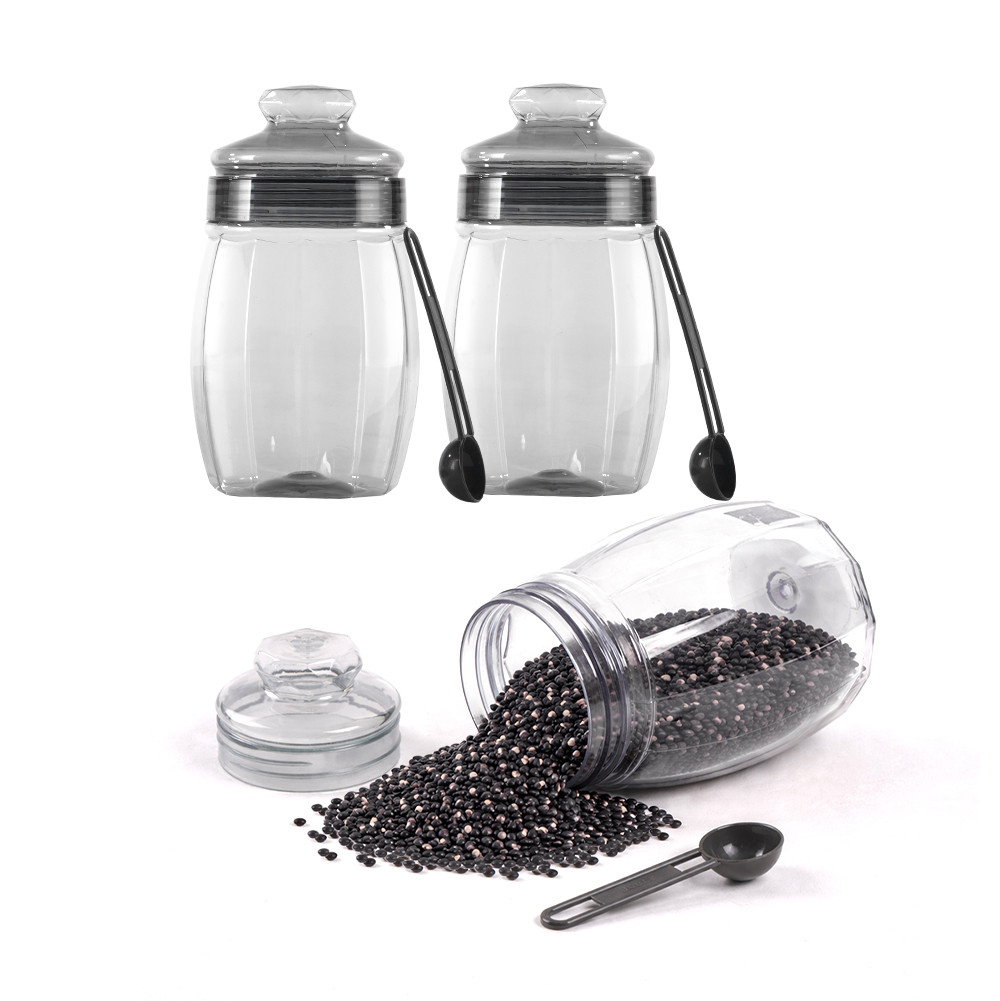 Set Of 3 Plastic Storage Containers with Lid for Kitchen  Air Tight Jar Storing Box for Spices Tea  Dry Fuits  Transparent Grey